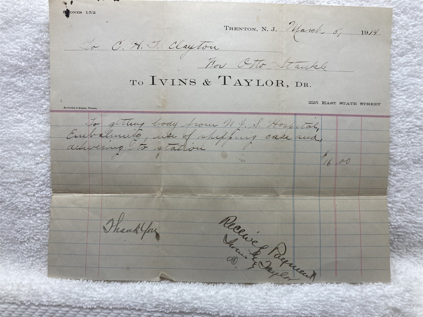 1914 Ivins & Taylor Billhead Receipt Trenton NJ  Vtg