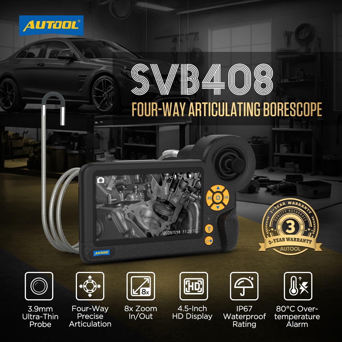 AUTOOL SVB408 Endoscope Camera Articulating Borescope Inspection Camera 3.9mm