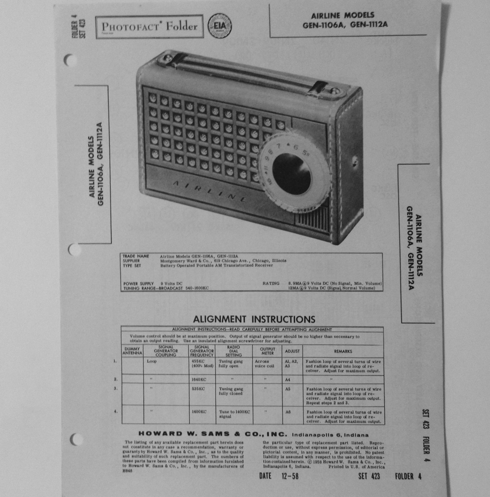 Airline Models GEN-1106A GEN-1112A Portable AM Radio - SAMS Photofact ™ 1958 New
