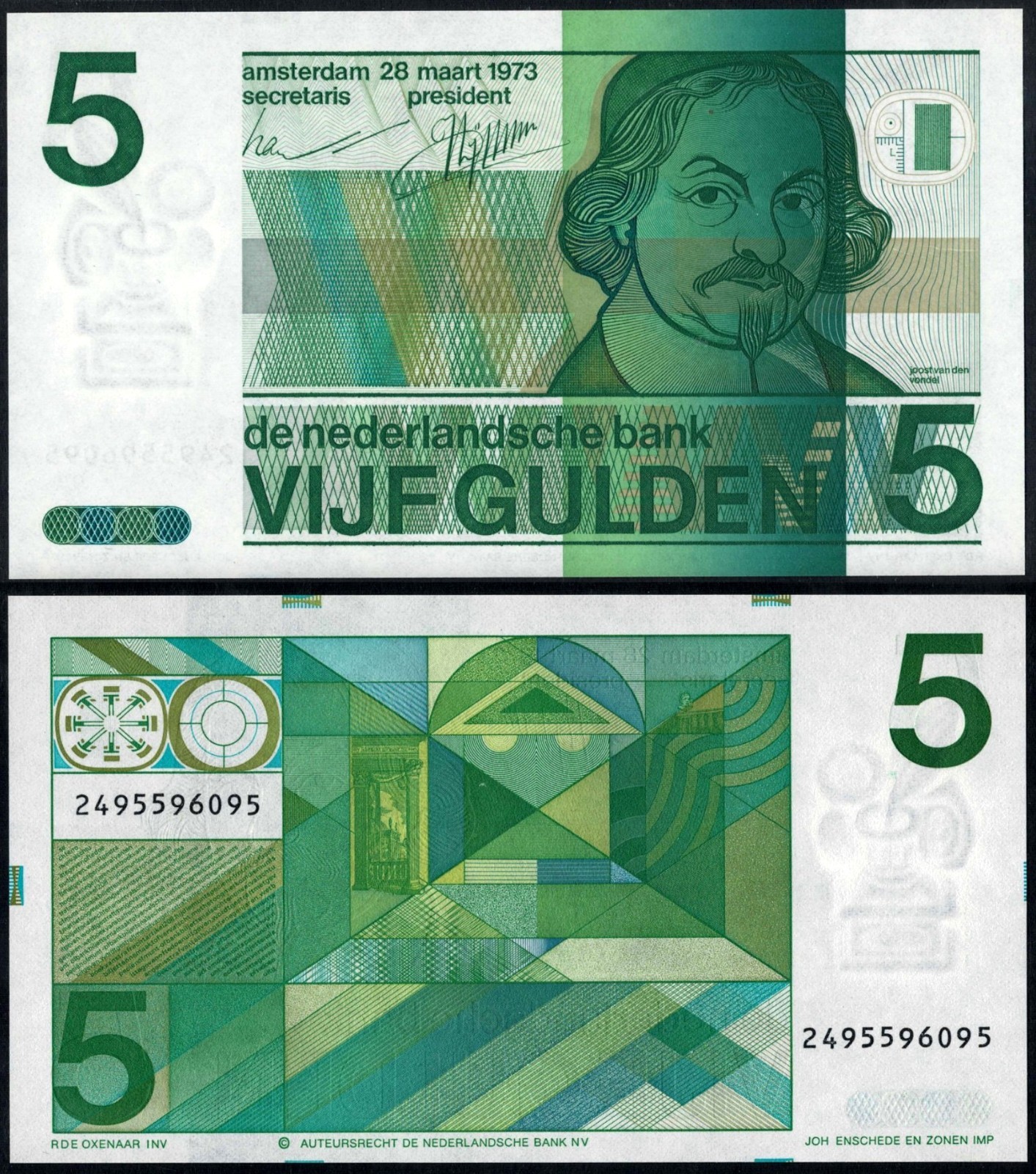 Netherlands 5 Gulden 1973, R.D.E. Oxenaar Design, XF, De Nederlandsche Bank
