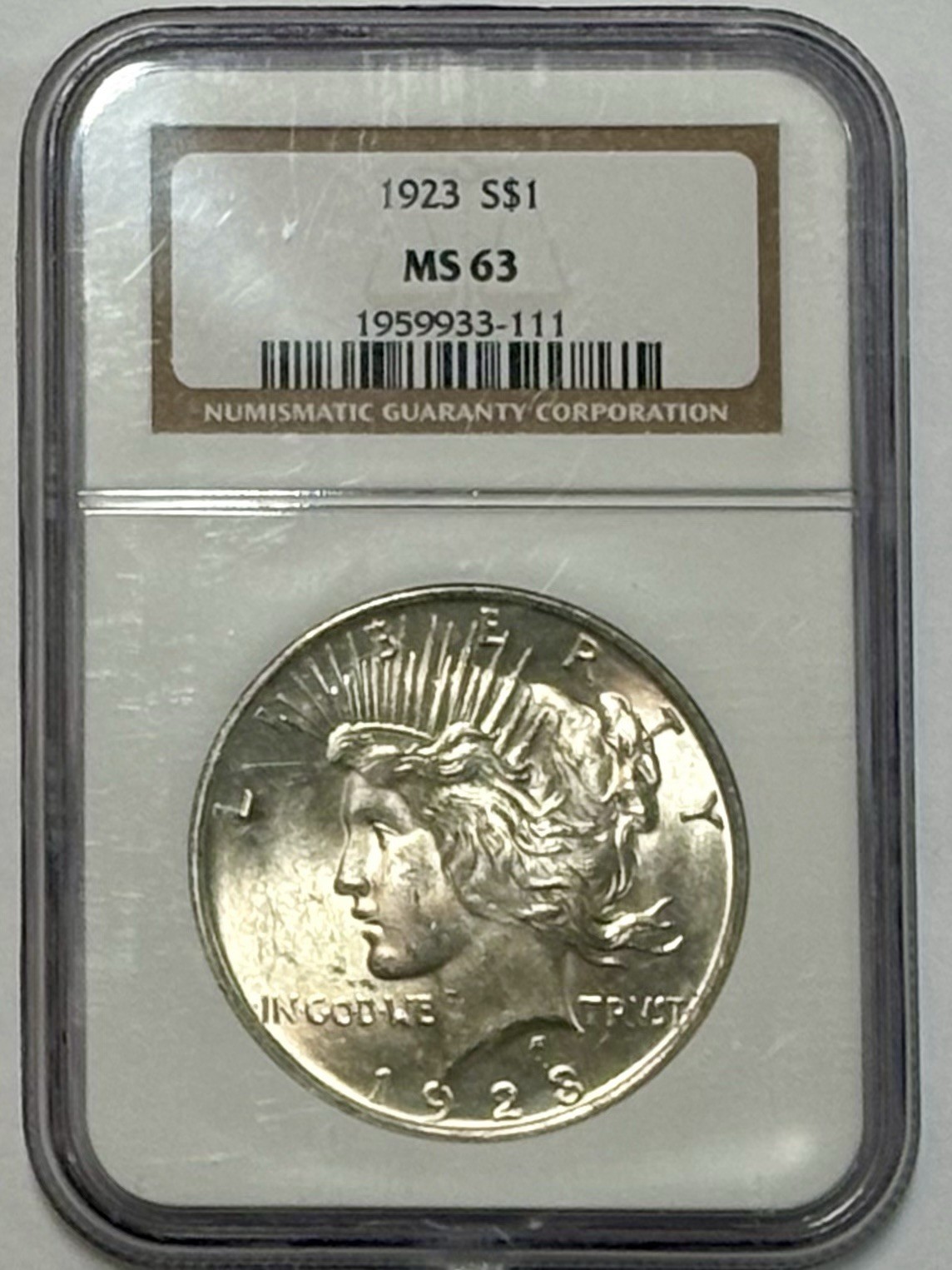 BEAUTIFUL BLAST WHITE 1923P SILVER PEACE DOLLAR NGC MS63 FATTY HOLDER VERY PQ