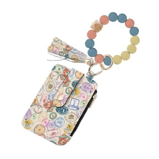 Wallet Keychain Wristlet, Silicone Bead Bracelet Key Ring Vertical Travel-Khaki
