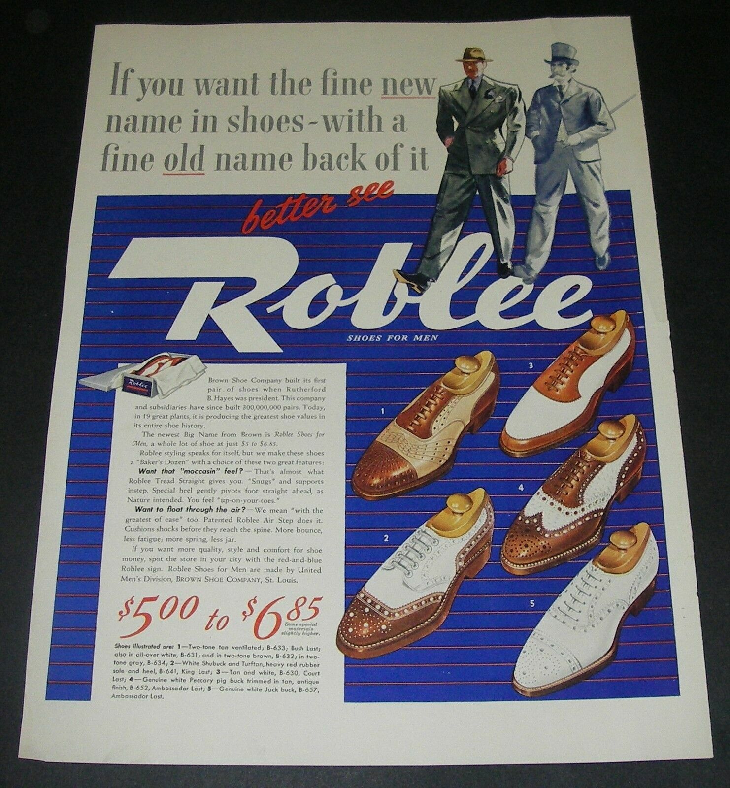 Print Ad 1940 Roblee Shoes FOOTWEAR Men's ART 5 Style Fashion Gentlemen Walking.