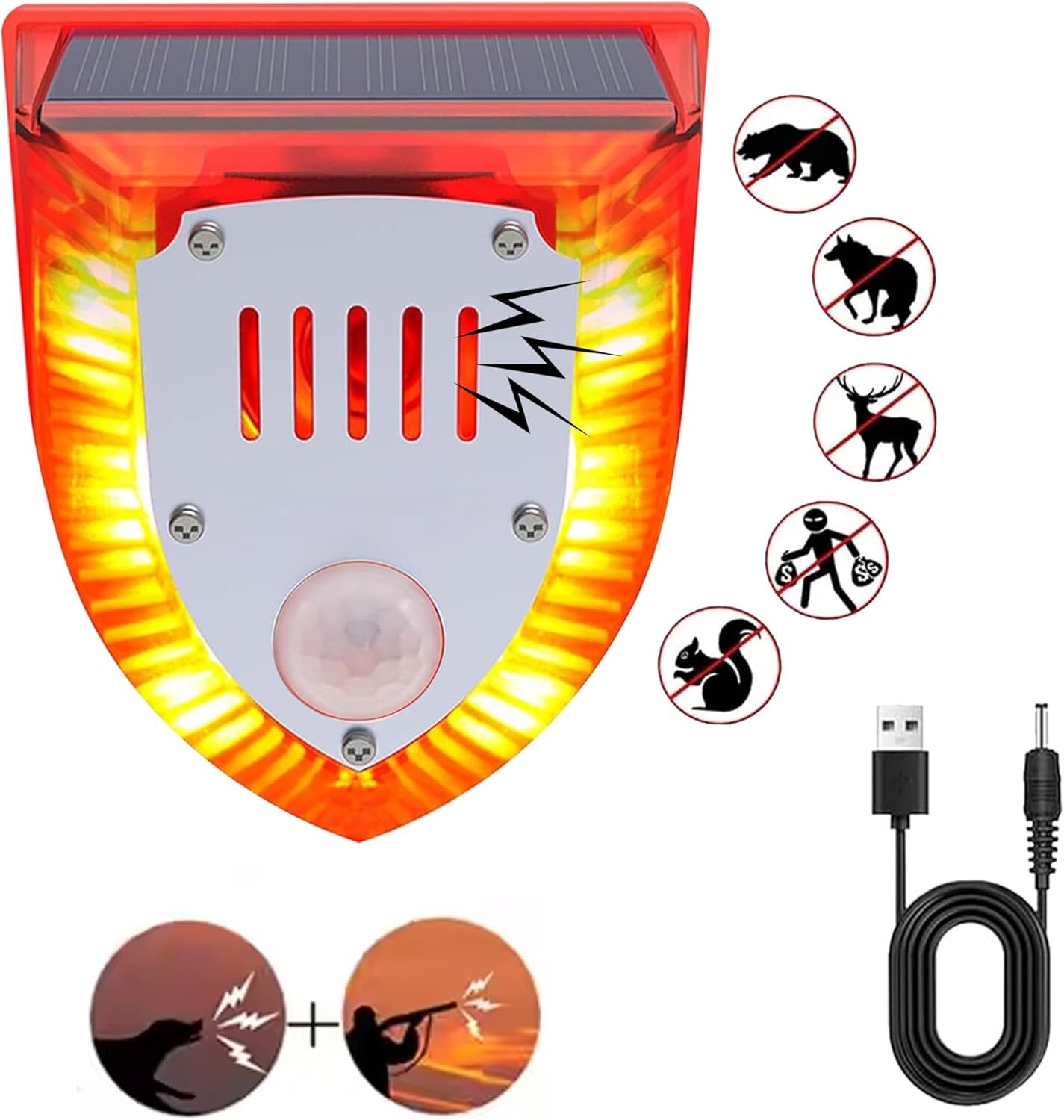 6pcs Solar Outdoor Motion Sensor Alarm 129db Barking Gunshot Sound Motion Sensor