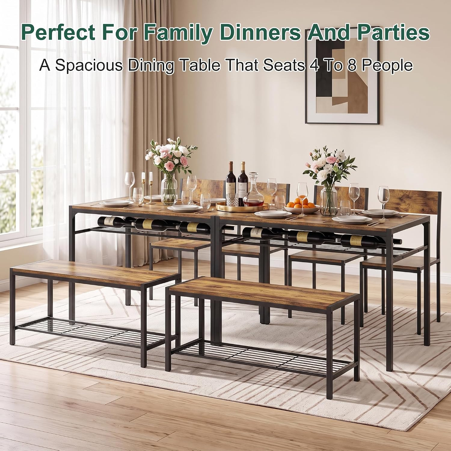 Kitchen Dining Room Table with 2 Chairs & Bench, Compact Space-Saving Design, Ea