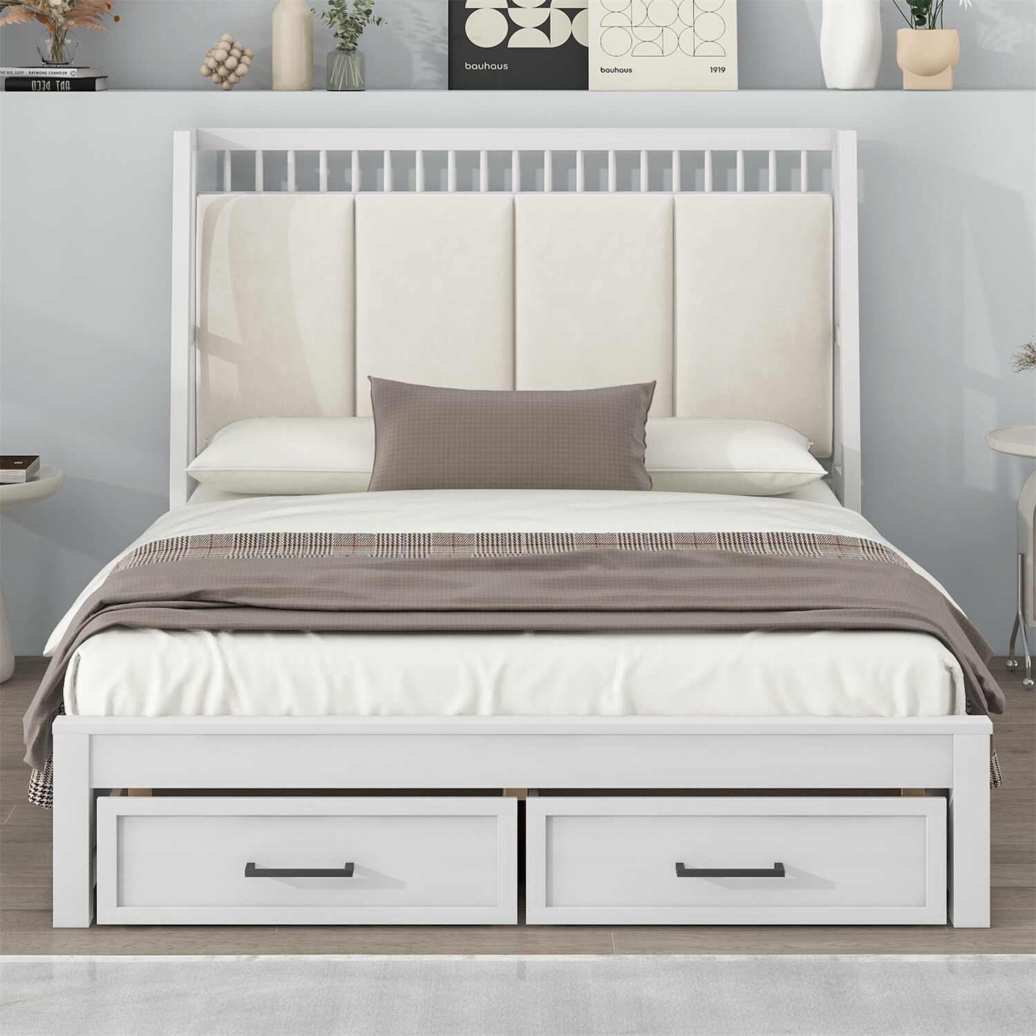 Full/Queen Size Bed Frame Upholstered Platform Bed Frame with 2 Drawers White