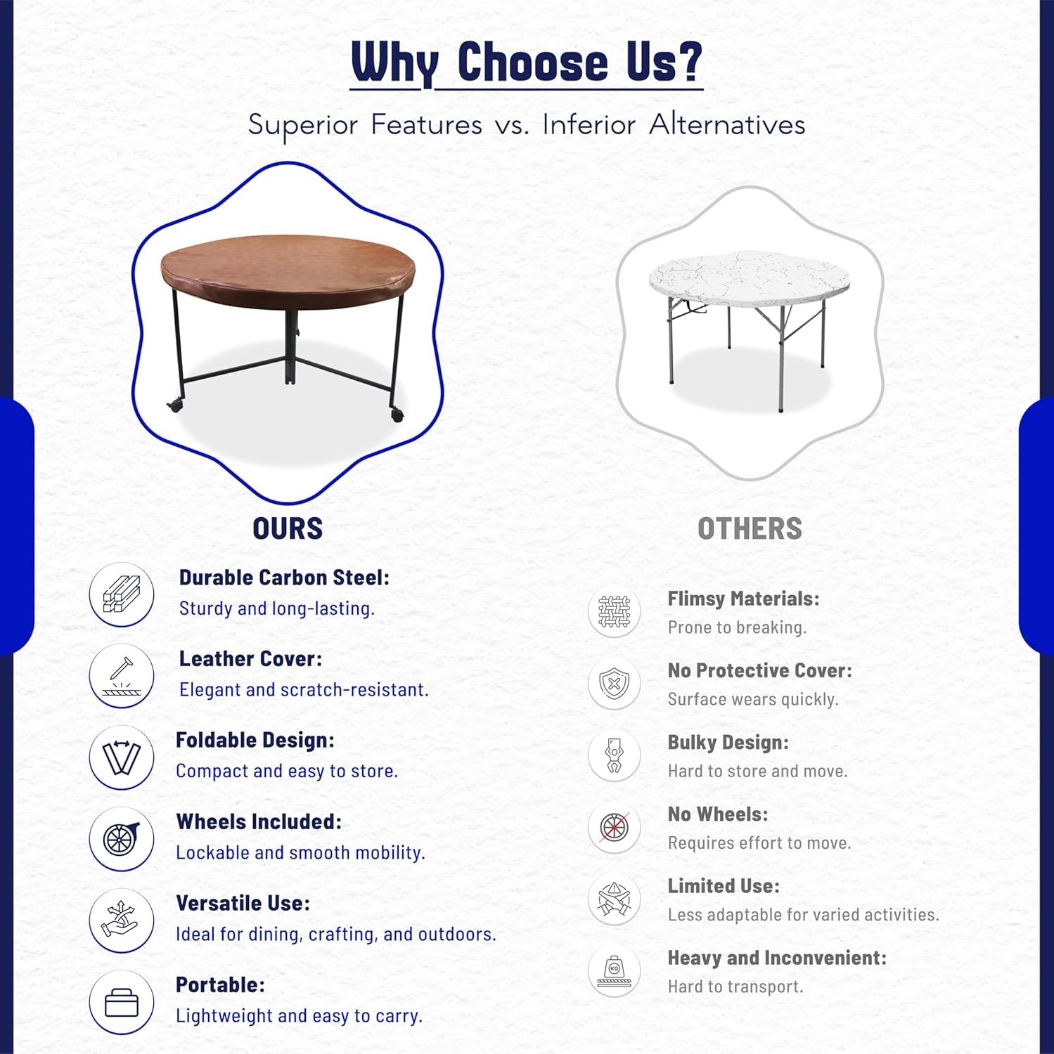 48" Round Folding Table with Lockable Wheels Heavy-Duty Indoor & Outdoor Table
