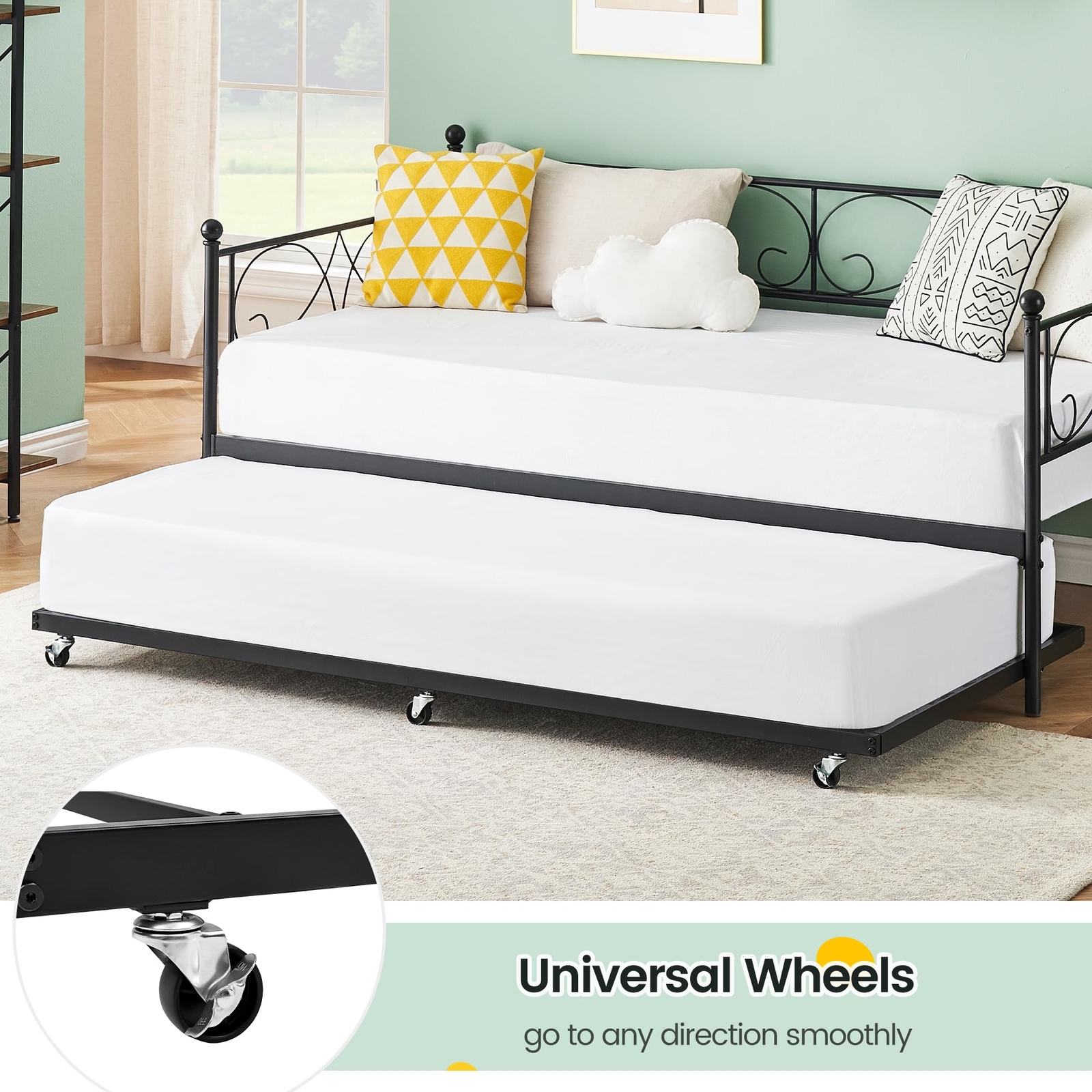 Twin Daybed with Pull Out Trundle ,Premium Steel Slat Support, Twin Bed Bedroom