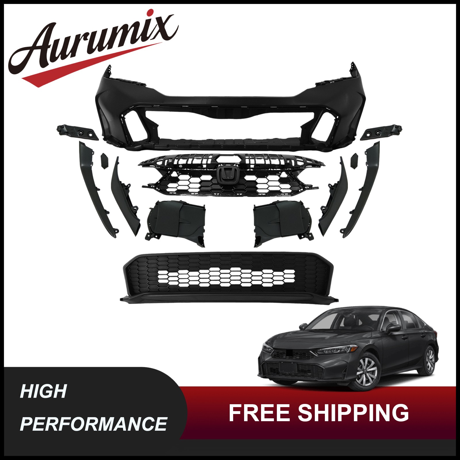 For 2025-2026 Honda Civic Front Bumper Cover Kit W/ Upper Grille & Lower Grille