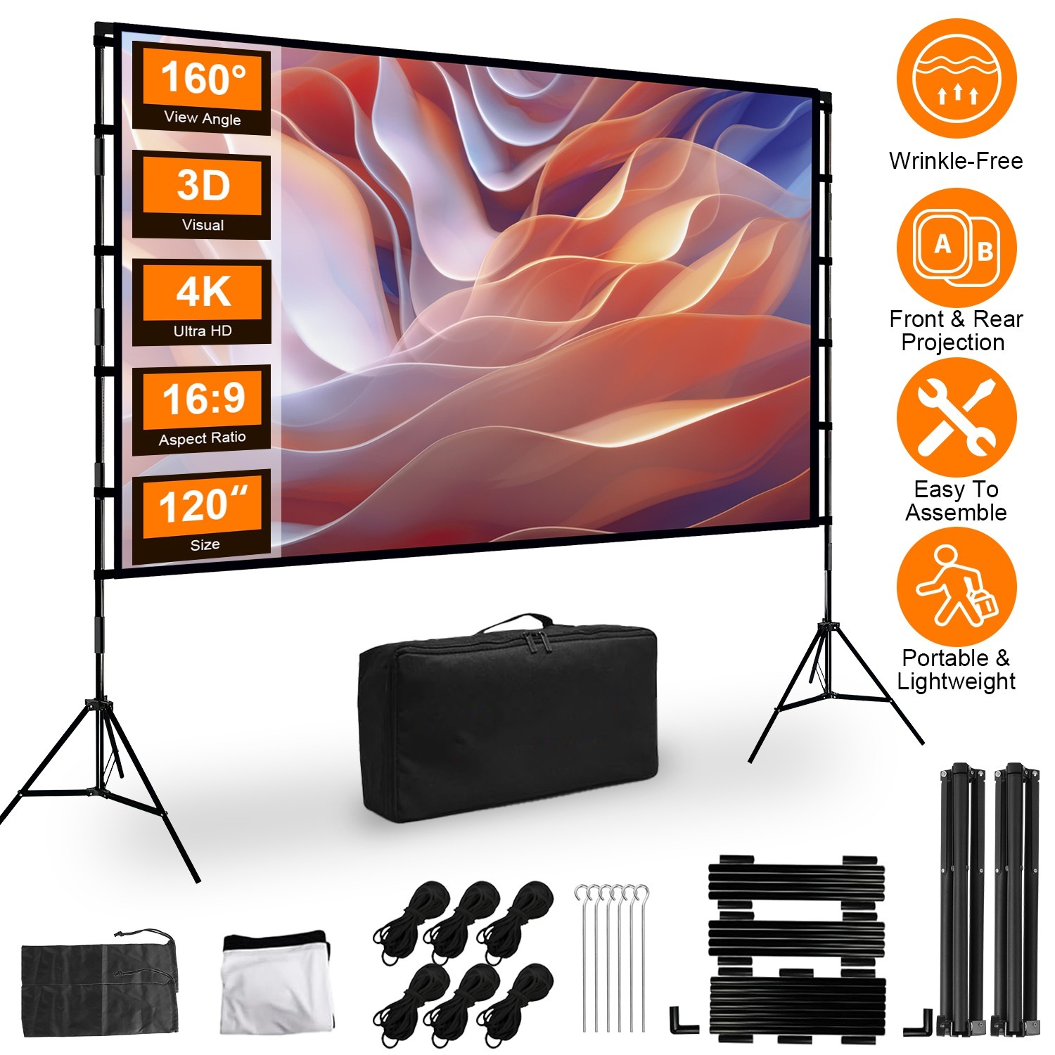 100/120in Projector Screen with Stand Movie 16:9 HD Outdoor Indoor Movie Screen