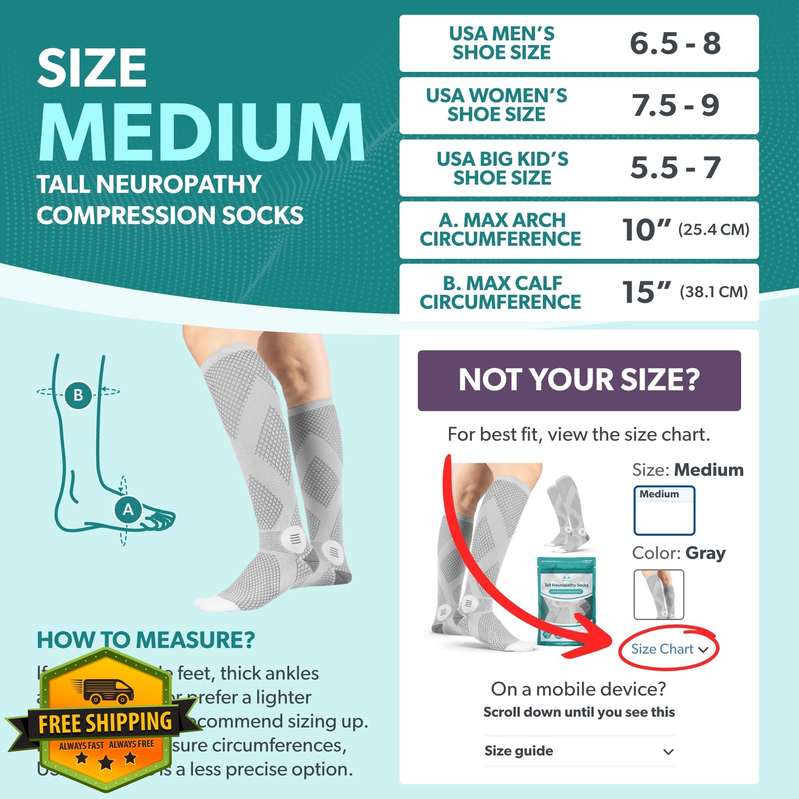 BraceAbility Knee High Compression Socks 20-30 mmHg M Gray