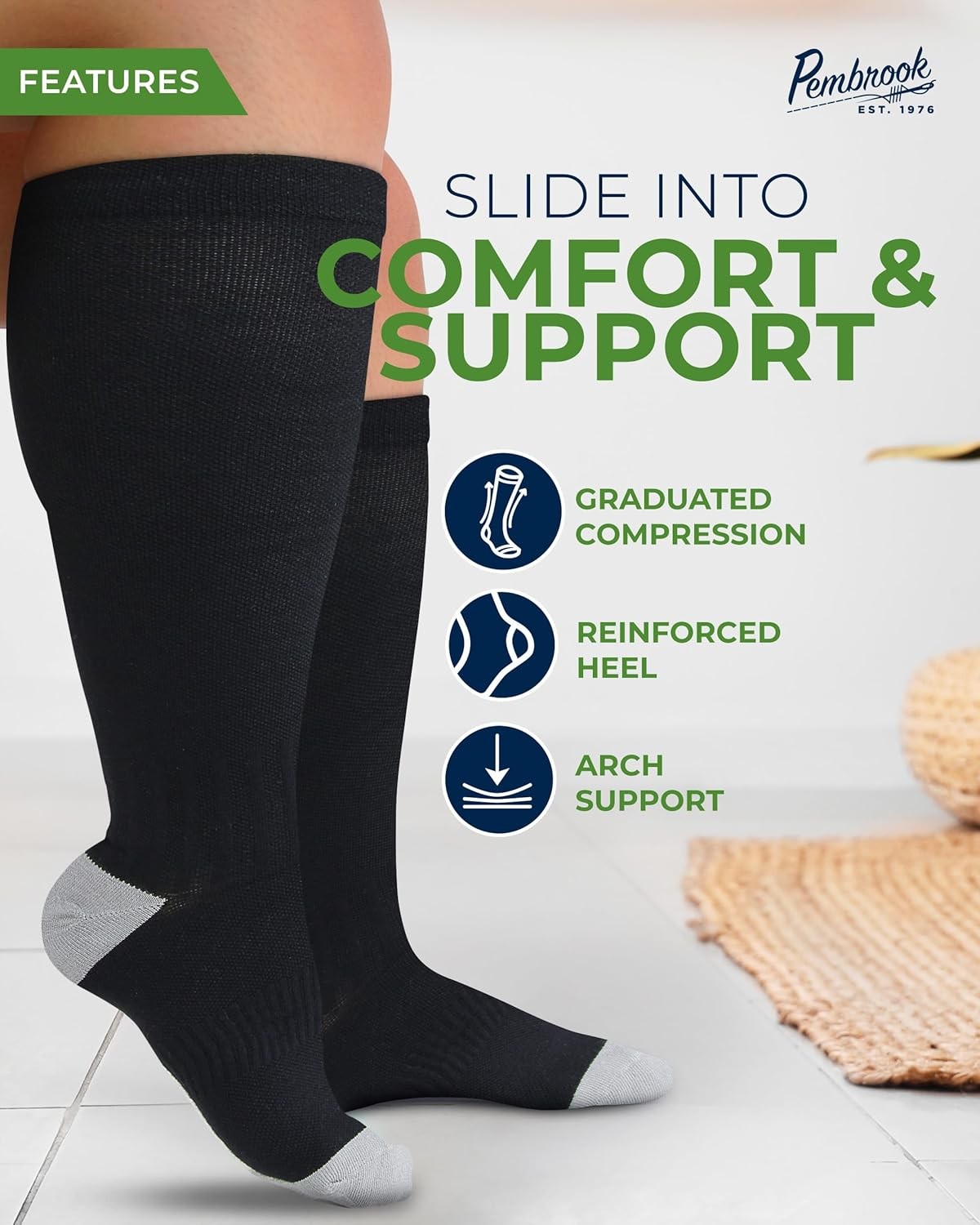 Pembrook 3 Pairs Plus Size Compression Socks Wide 3X-Large, Black - 3