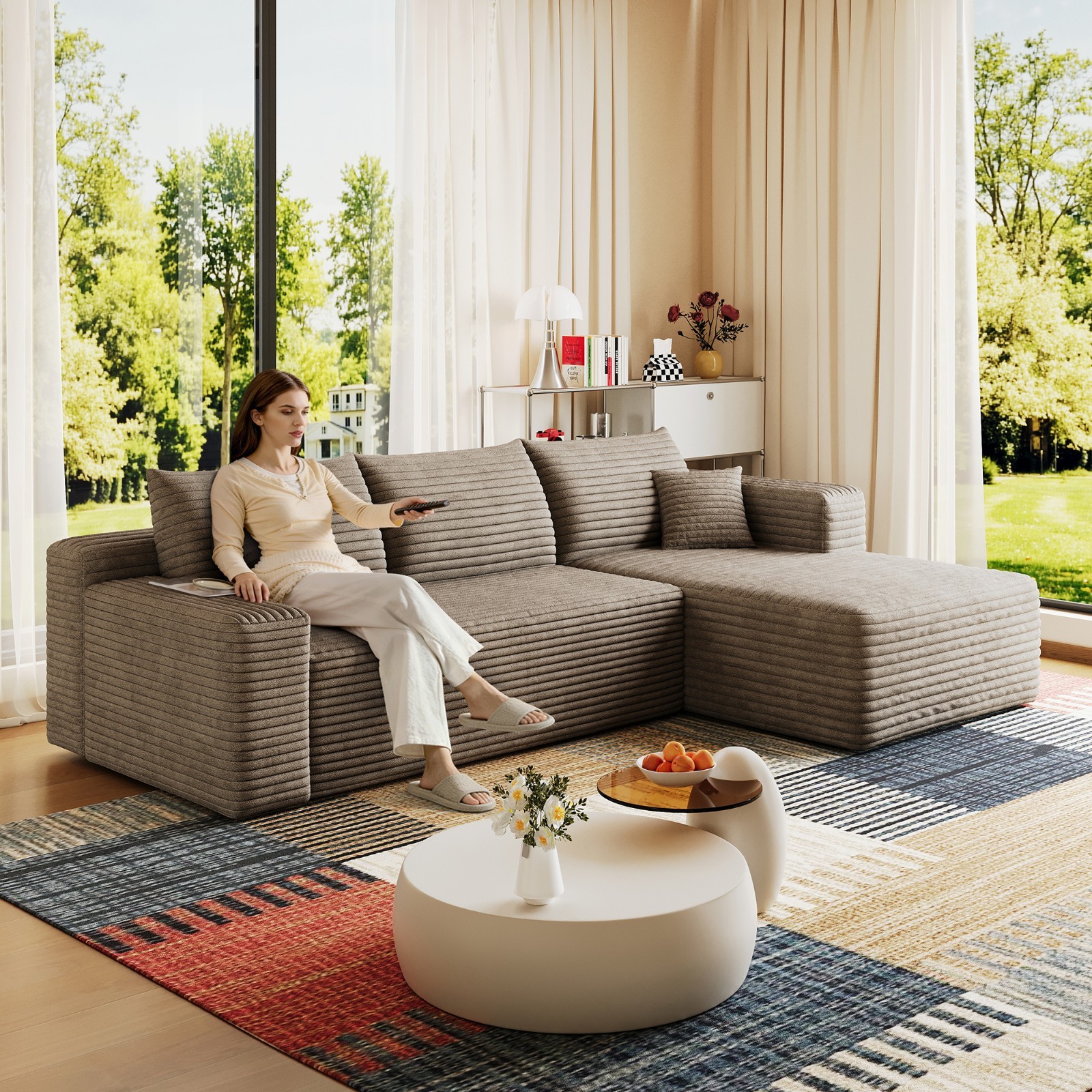 95" Cloud Sectional Couch with L-Shape Chaise Modular Corduroy Sofa Living Room