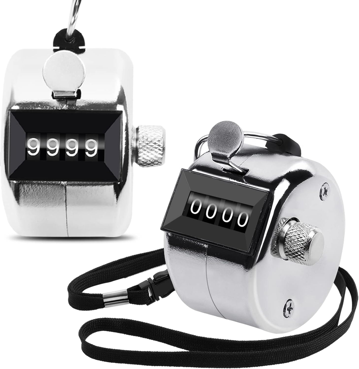 2 Pack Metal Hand Counter Four-Digit Counter with Nylon Lanyard Silver Counter C