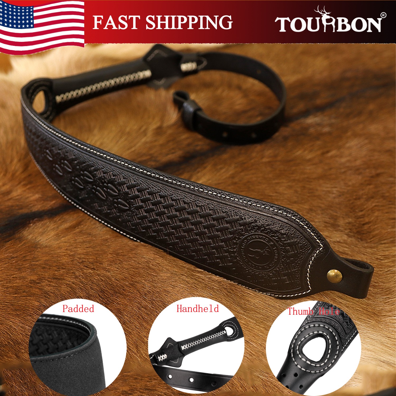 TOURBON Leather Hunting Gun Sling Finger Rest Shotgun Rifle Carry Belt Black US