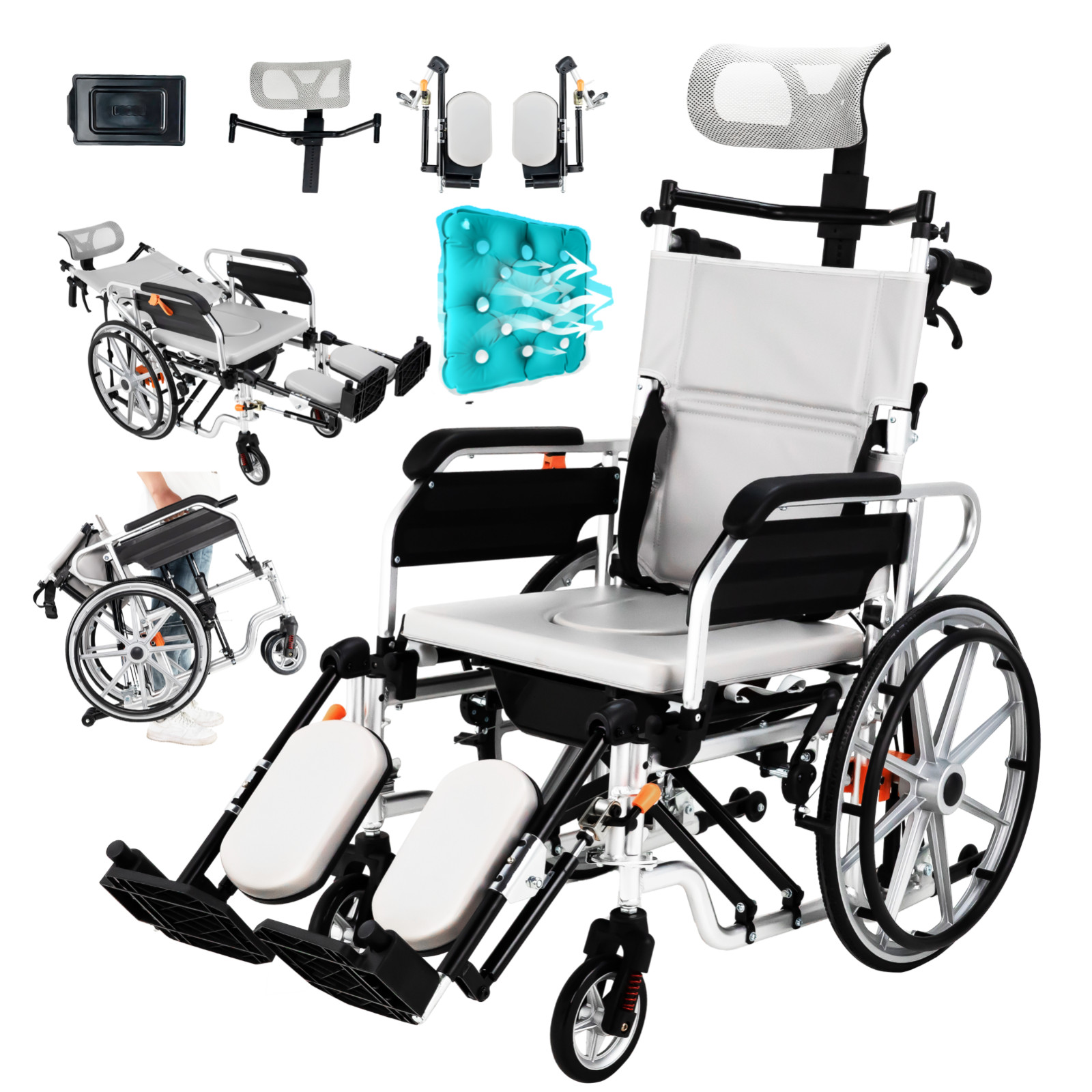 Adult 4-in-1 Wheelchair, 180° Tilting Foldable Transport Wheelchair with Toilet