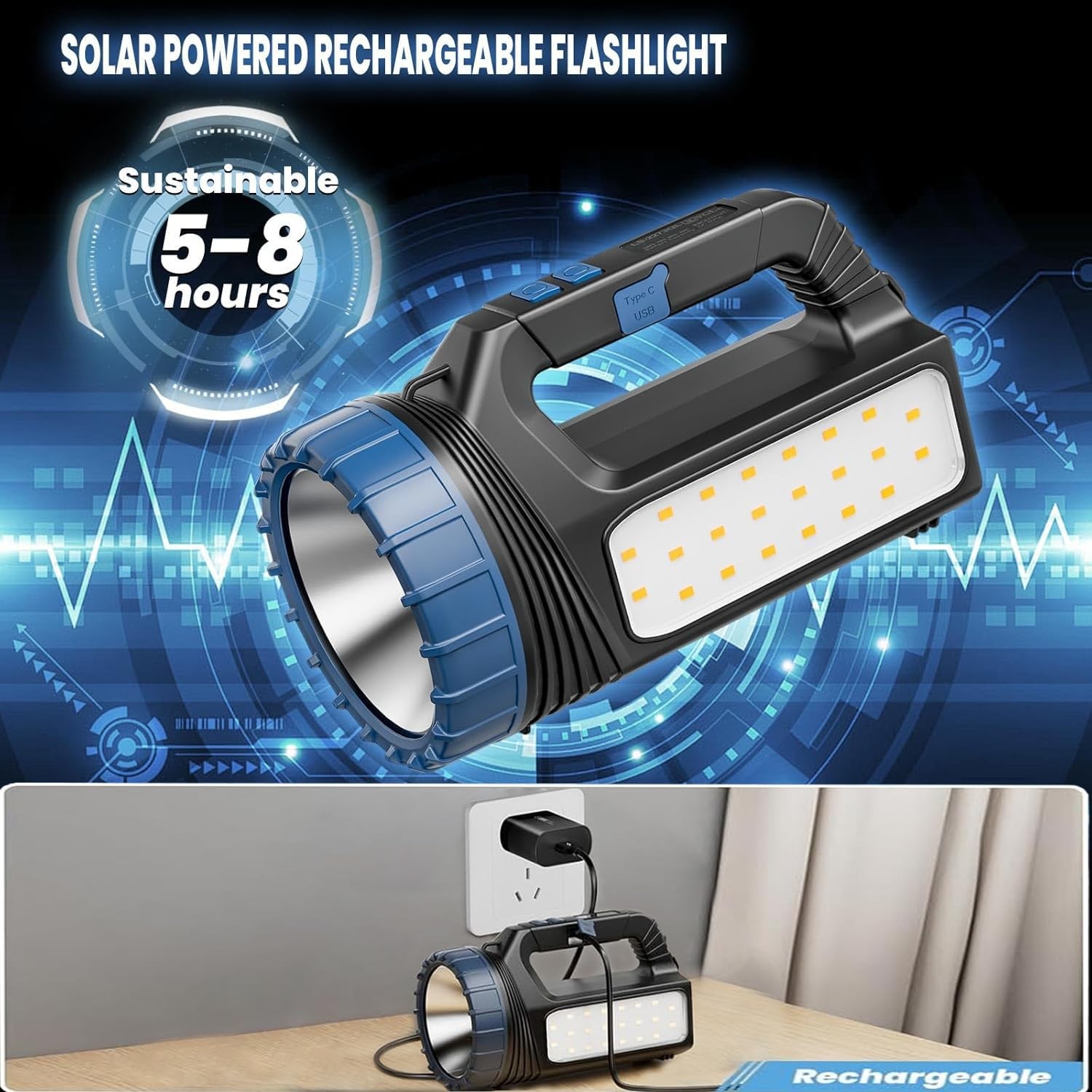 Solar Flashlight, Rechargeable flashlights for Camping, Home