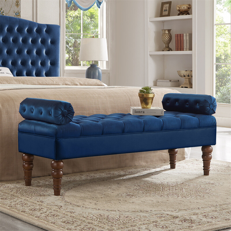 Velvet Upholstered Bed Bench w/Tufted Button Entryway Bench for Living Room-Navy