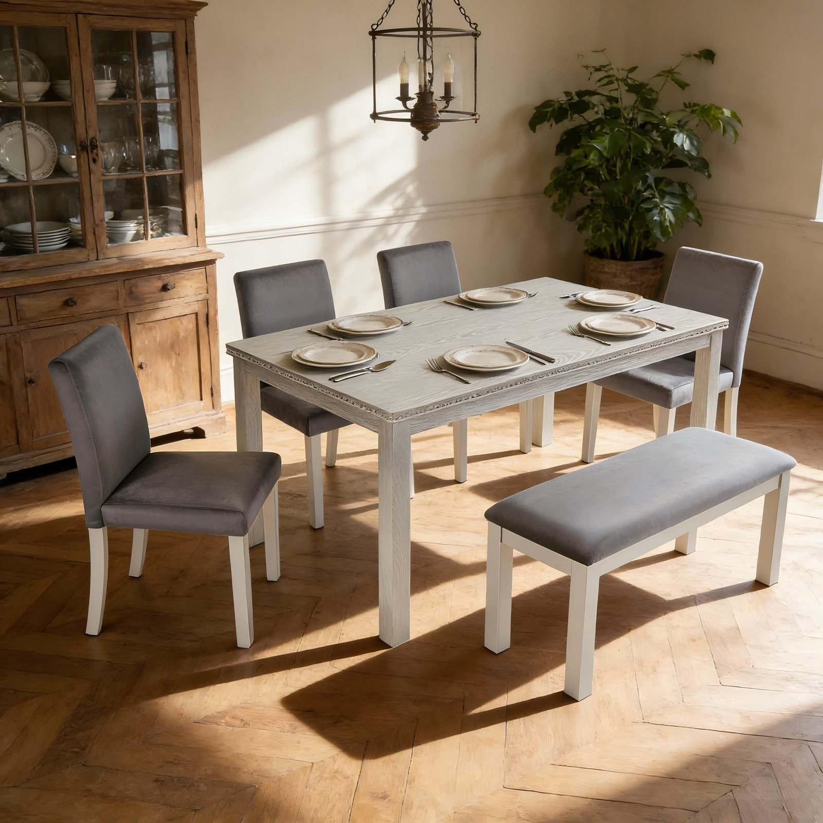 6 Piece Wooden Dining Table Set w/ 4 Upholstered Chairs & Bench Kitchen Use