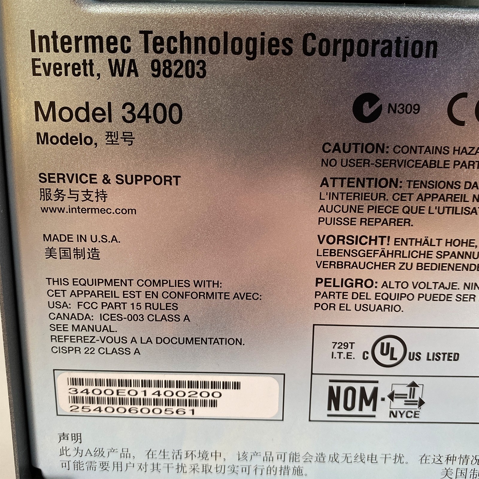 Intermec 3400e Industrial Thermal Transfer Barcode Label Printer Ethernet Serial
