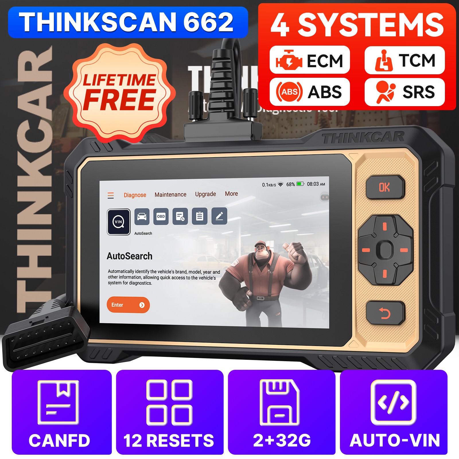 ThinkScan 662 OBD2 Scanner ABS SRS EPB SAS FCA Engine Diagnostic Tool Automotive