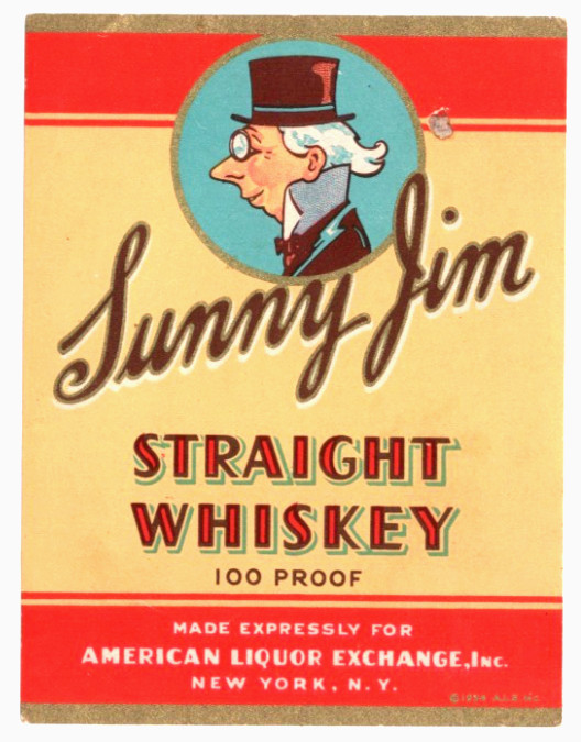 Original 1930s SUNNY JIM whiskey label DAMAGED American Liquor Exchange NY