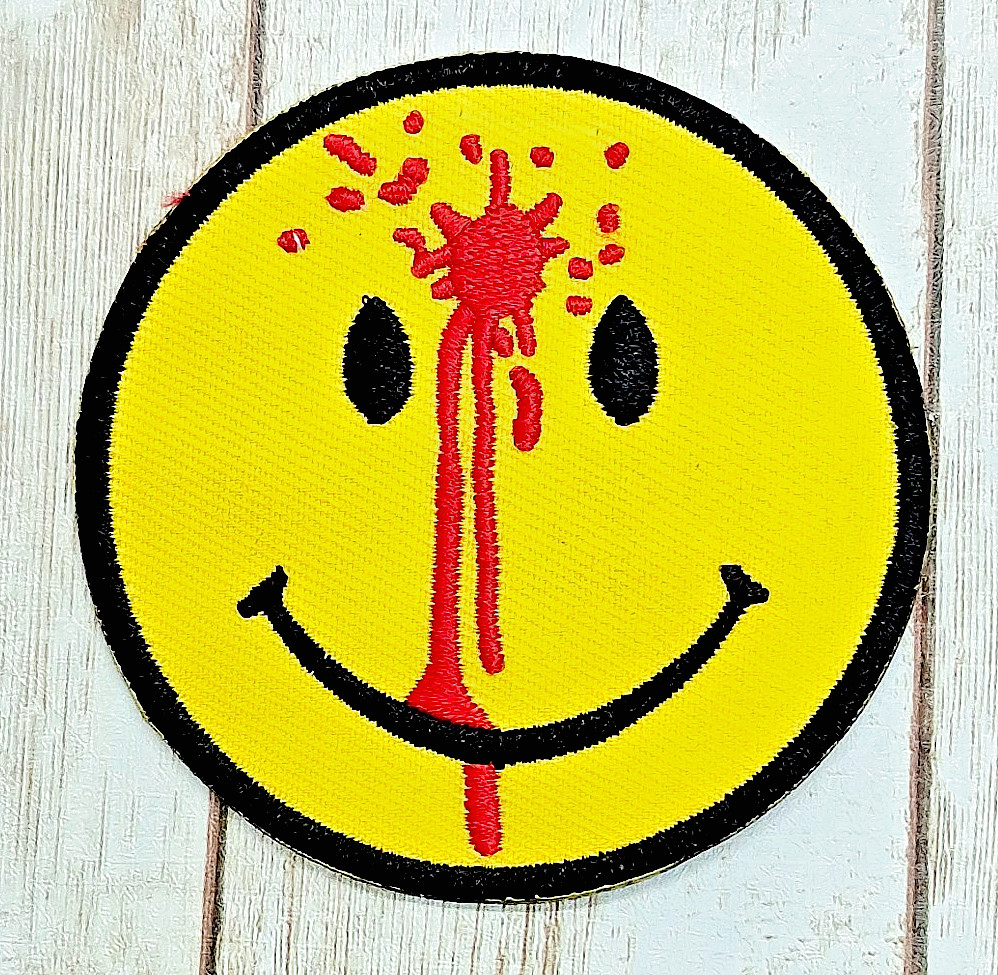 Smiley Face Bullet Shot - Blood Iron On Embroidered Patch 3 "x 3 "