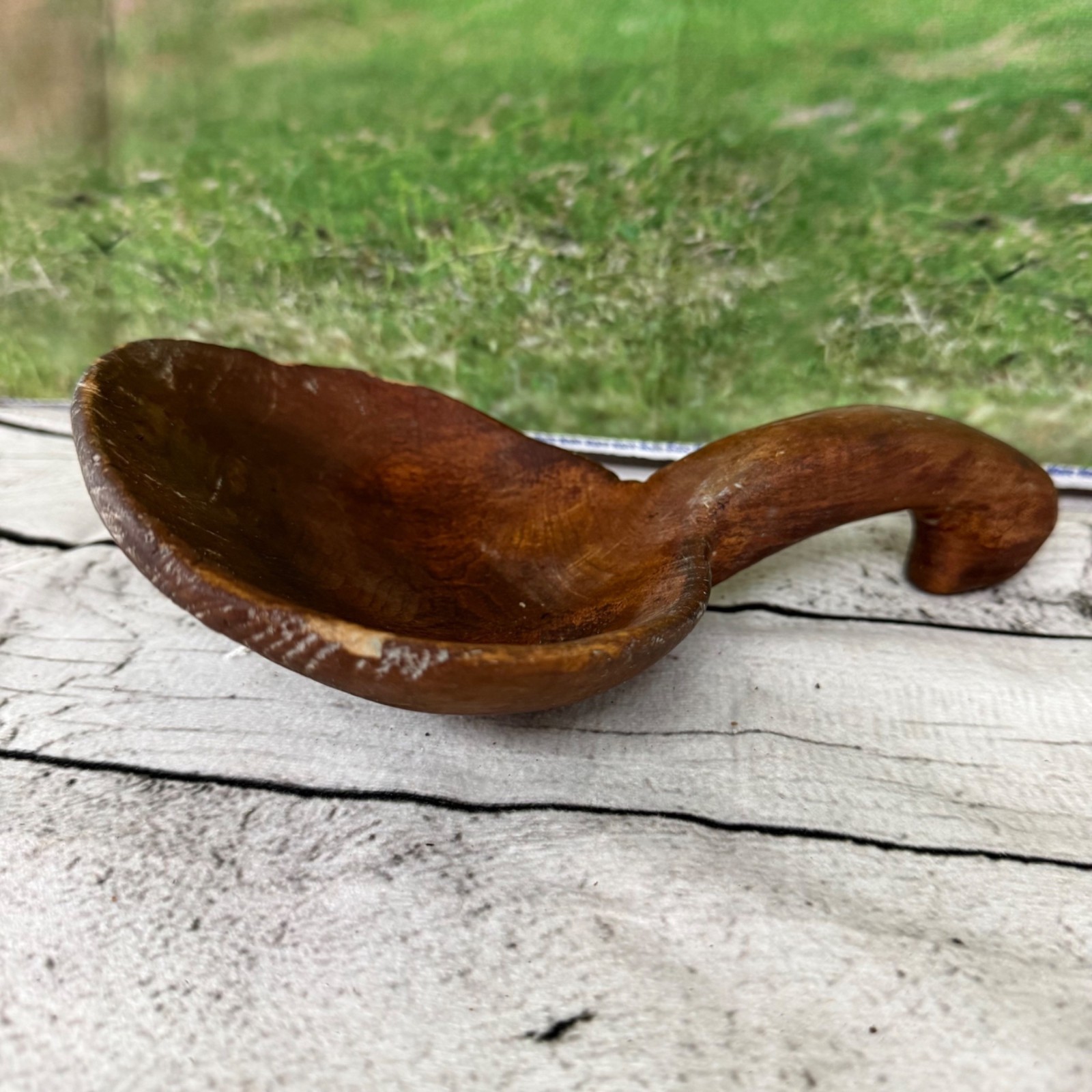Vintage Hand-Carved Wooden Scoop With Curved Handle Long Rustic Décor Piece