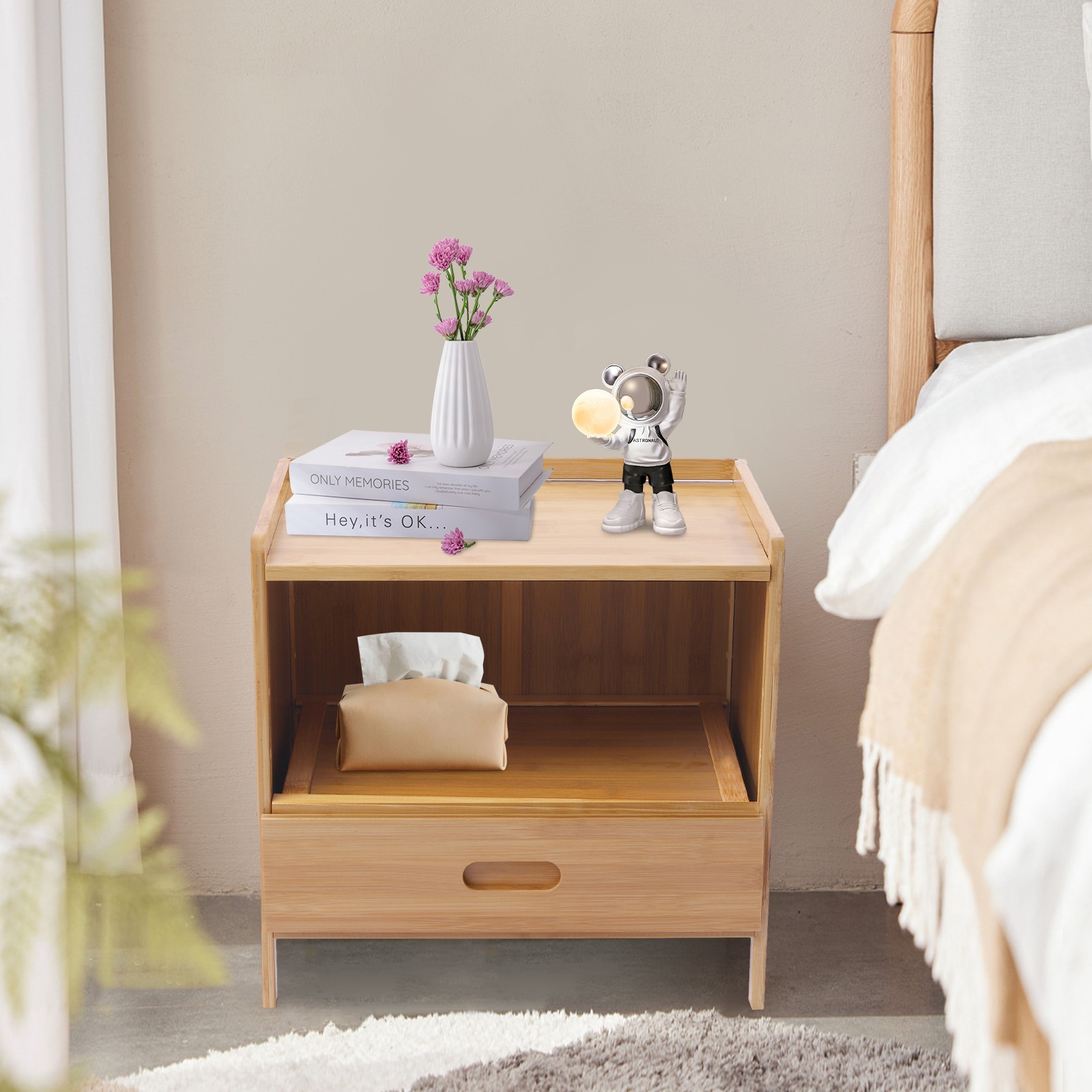 Bamboo Night Stand Bedside Table- Bed Side Table with Drawers, Small Nightstand