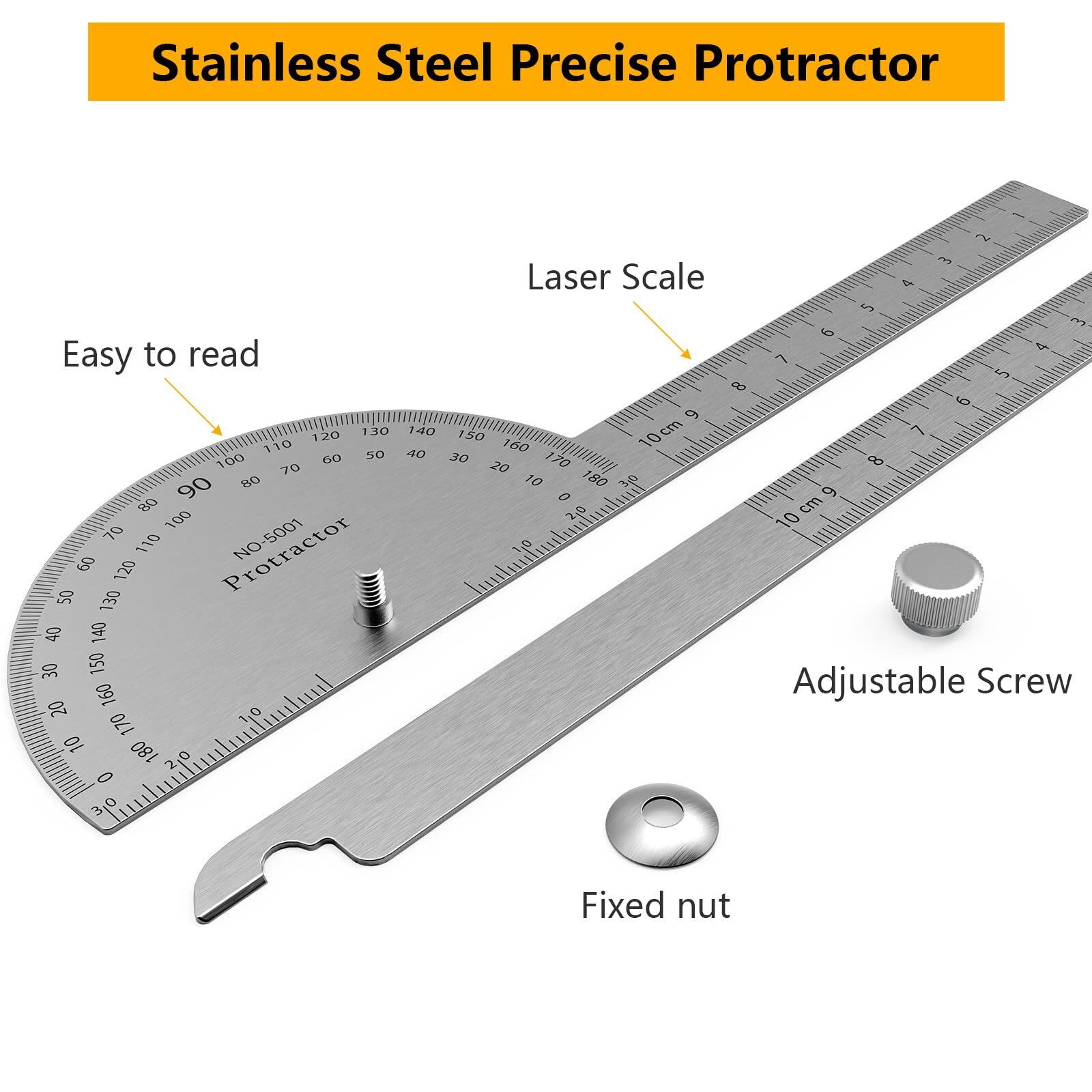 Stainless Steel Protractor 180 Degrees Two Arm Ruler Adjustable Angle Protractor