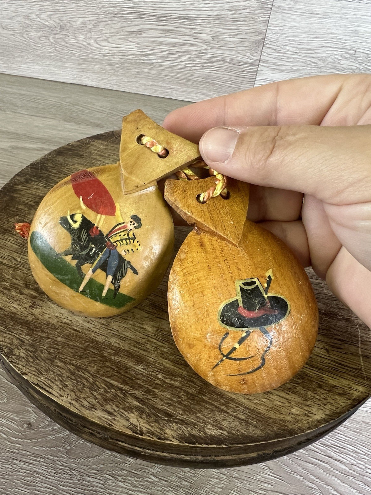 Pair Of Vintage Wooden and Hand-painted Castanets from Spain 1960s Matador Bull