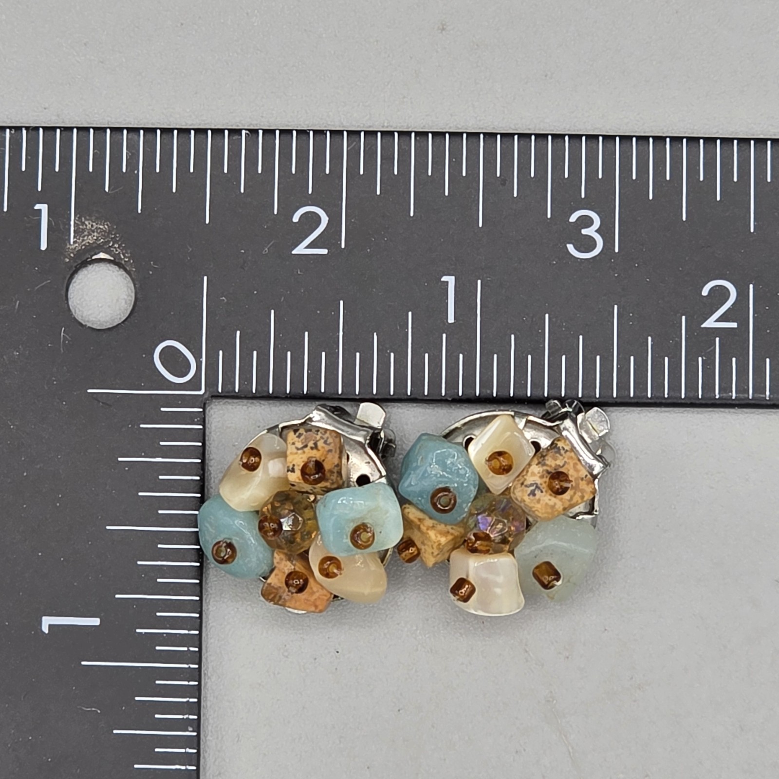 Vintage Multi Stone Bead Cluster Clip-On Silver Tone Earrings