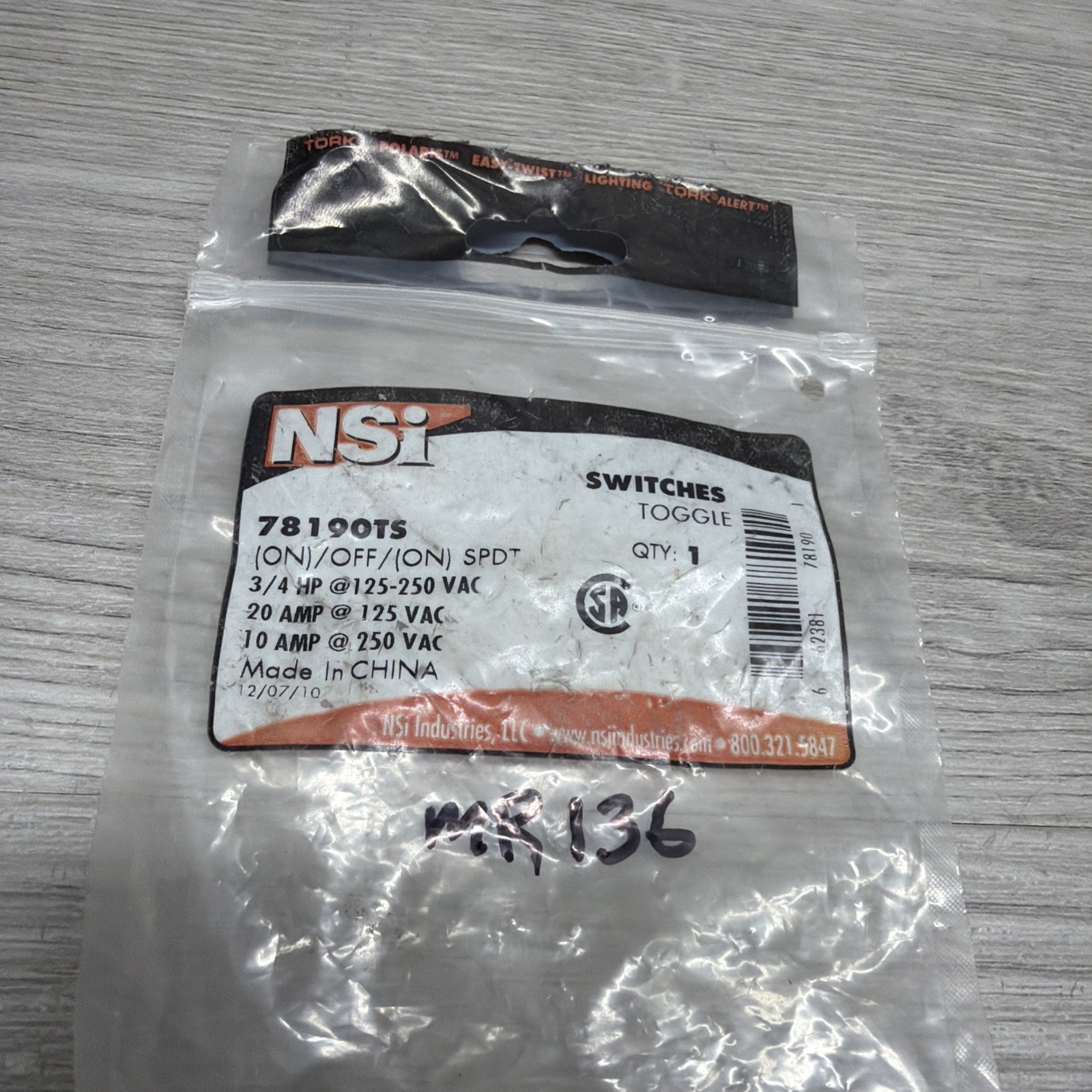 NSI 78190TS Momentary Toggle Switch, (ON)/OFF/(ON) SPDT, New