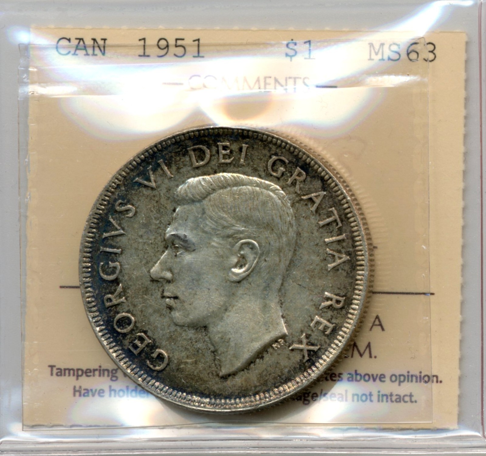 1951 Canada Silver Dollar, Short Waterline - Choice Uncirculated, ICCS MS63