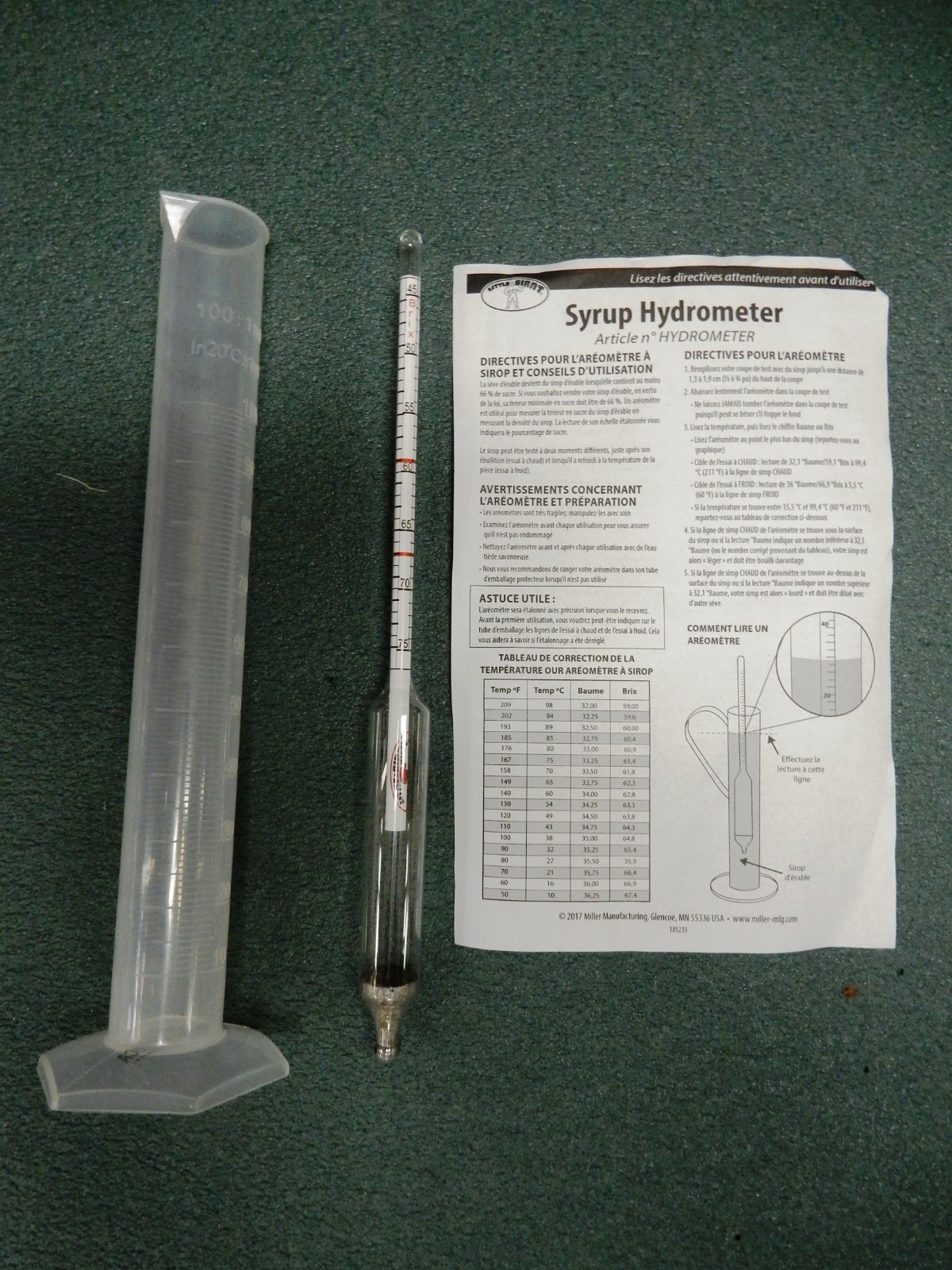 Maple Syrup Hydrometer w/ Brix & Baume Scales Including Graduated Cylinder