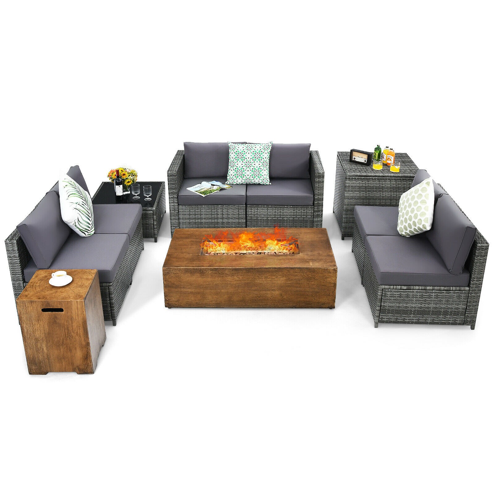 Patiojoy 10 PCS Outdoor Rattan Furniture Set Sectional Sofa Set w/50,000 BTU