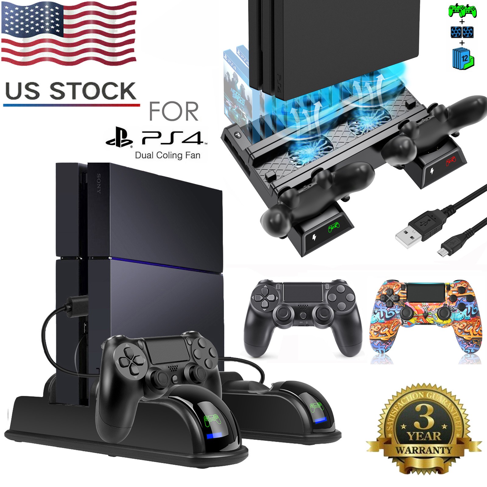 Stand Cooling Fan Controller Dual Charger Station Dock For PlayStation 4 PS4 US