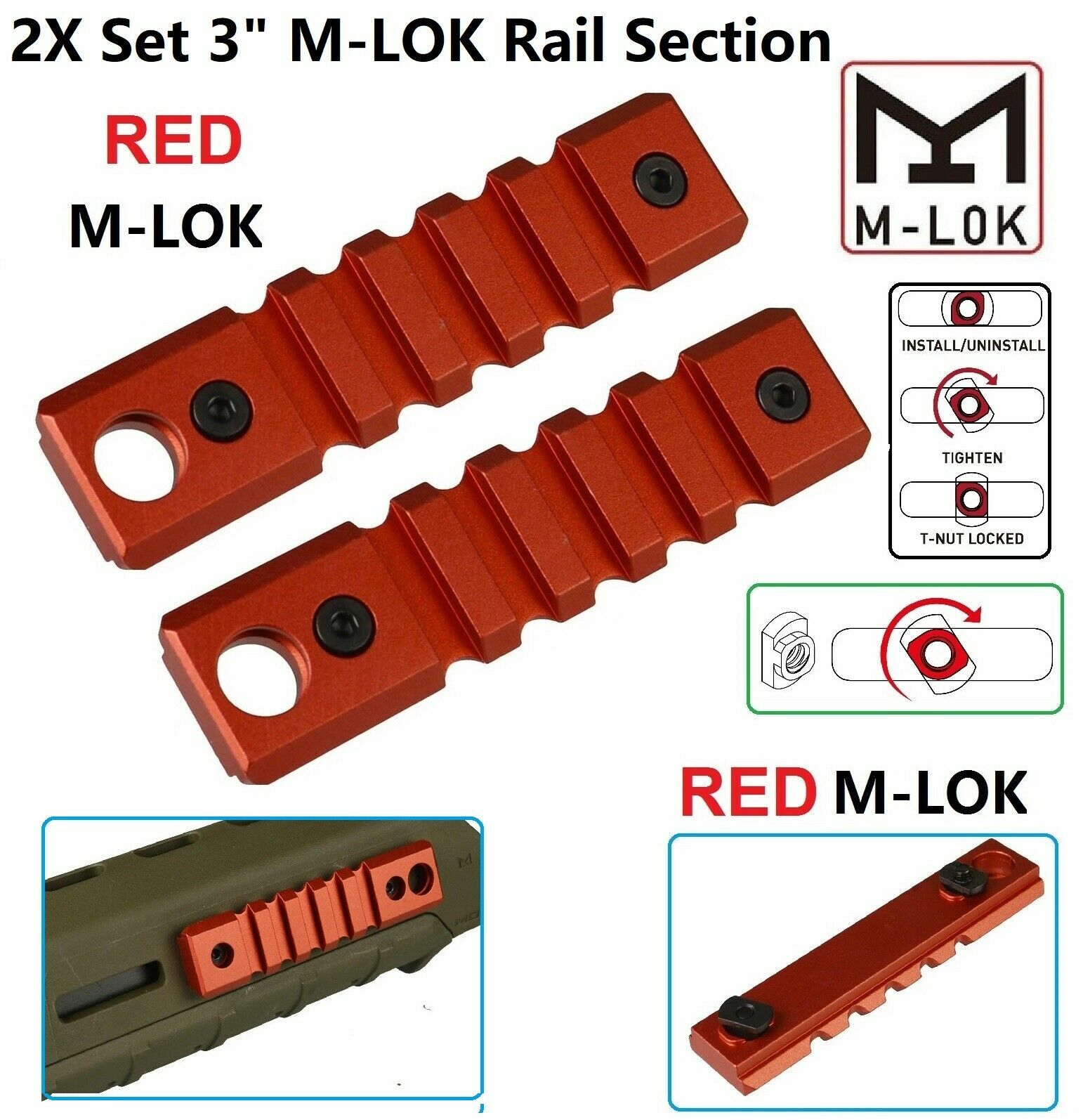 Red Aluminum 2 Pack 3 Inch 5 Slots Rail Section Screws Nuts Included