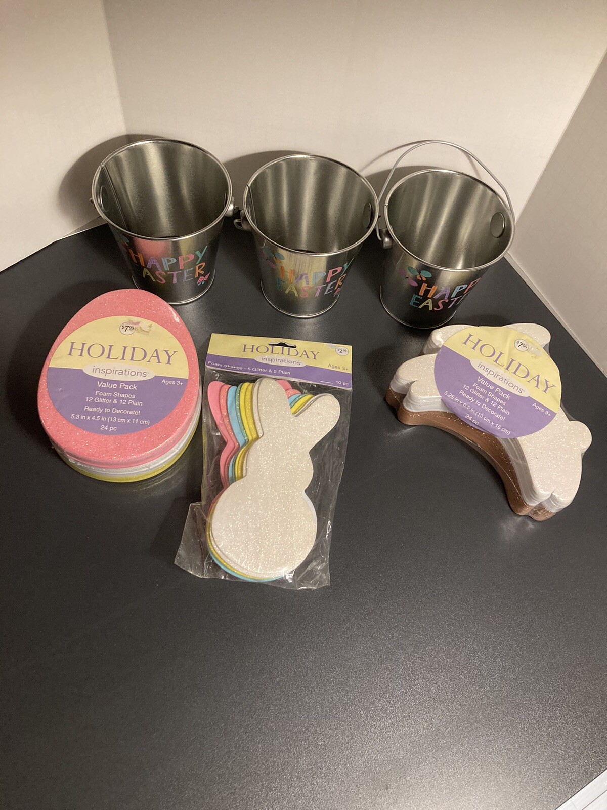 3 Metal Happy Easter Pails & 3 Packs Foam Glitter Crafts