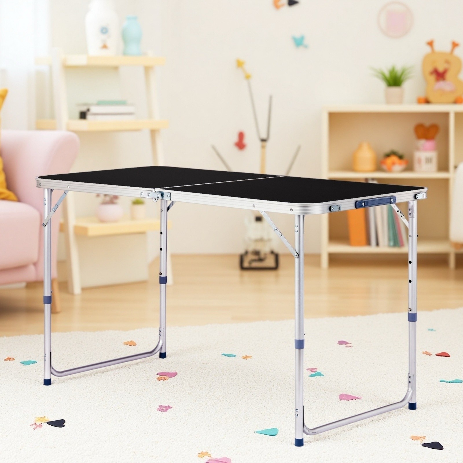 Folding Camping Table 4ft - Adjustable Patio Aluminum Frame Outdoor Picnic Black