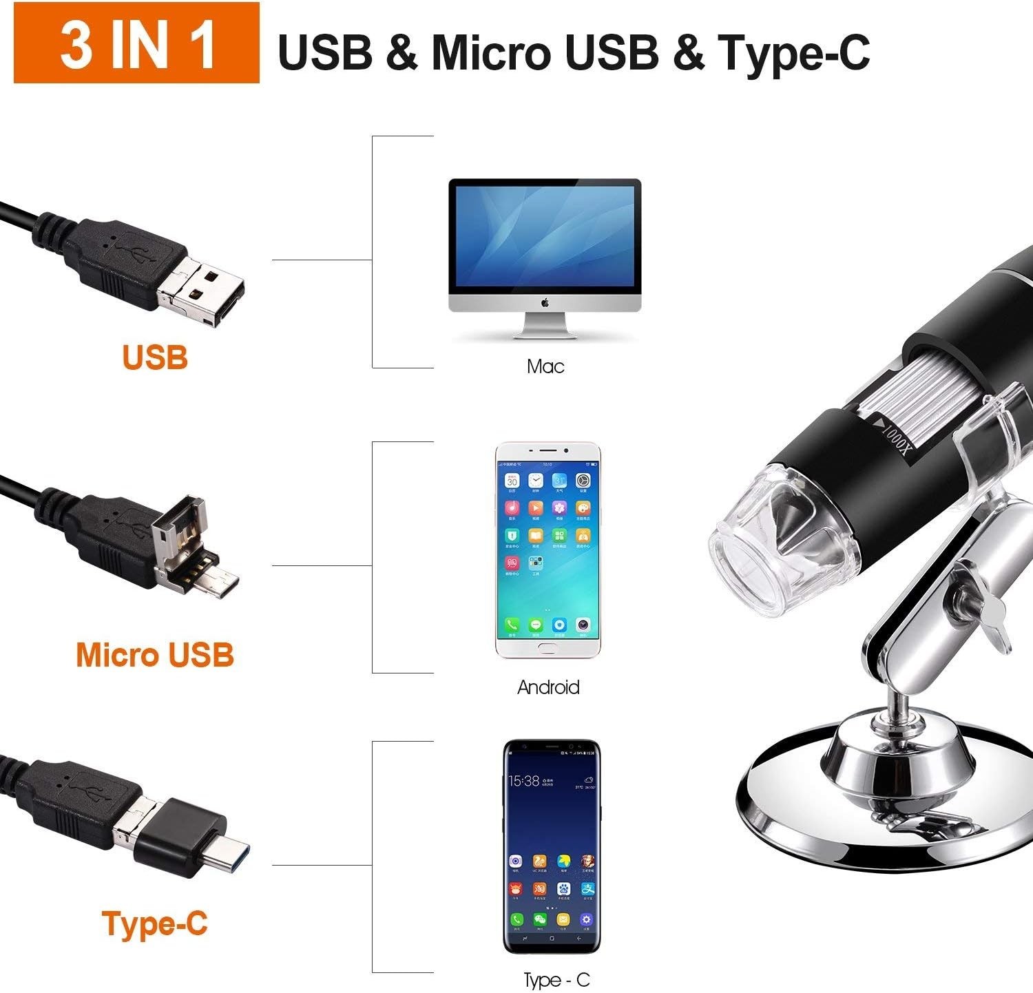 Multi-Platform USB Microscope 40X-1000X, Perfect for Collectors & Hobbyists