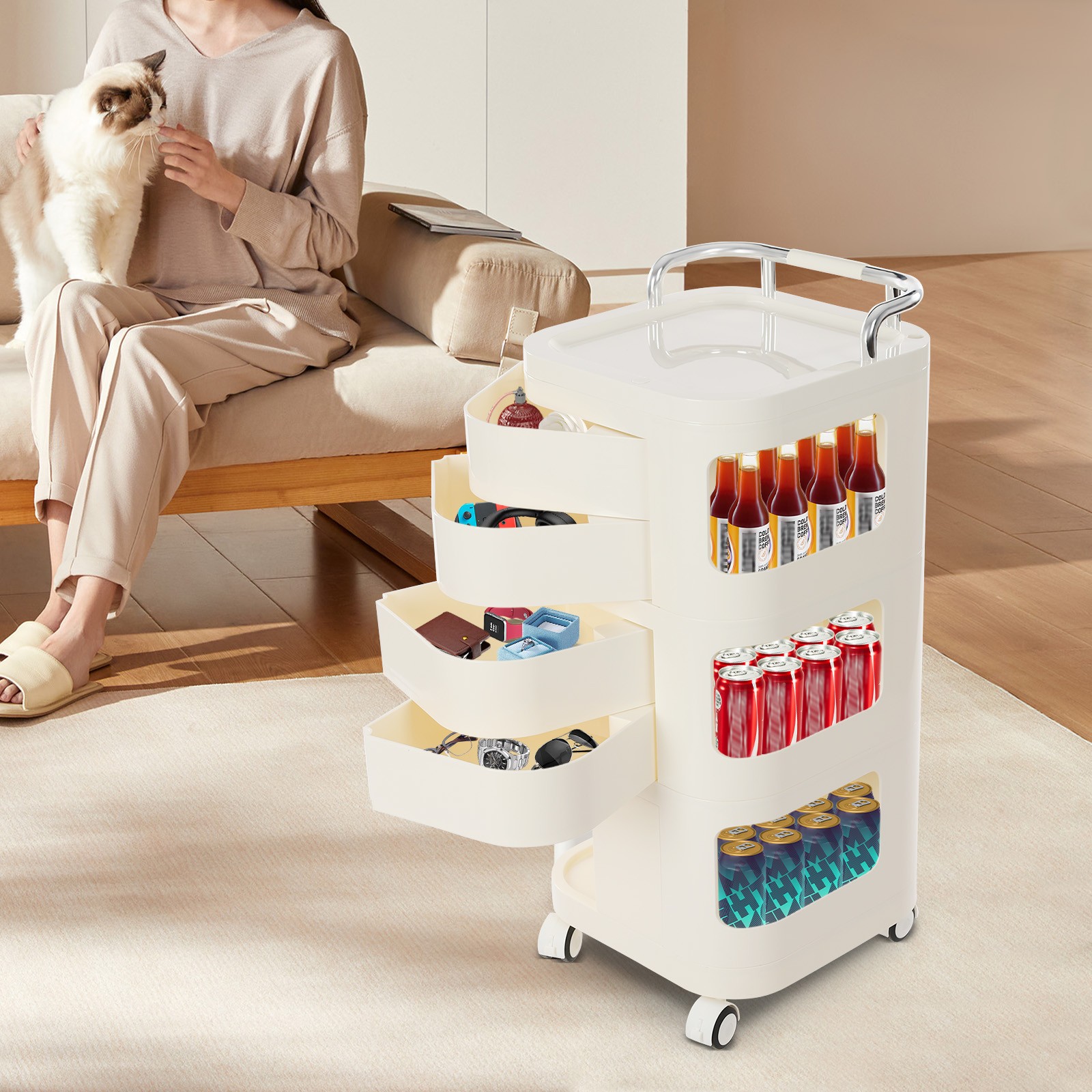 3 Tiers Rolling Trolley Cart with Handlebar & Drawer for Kitchen Bathroom Snacks