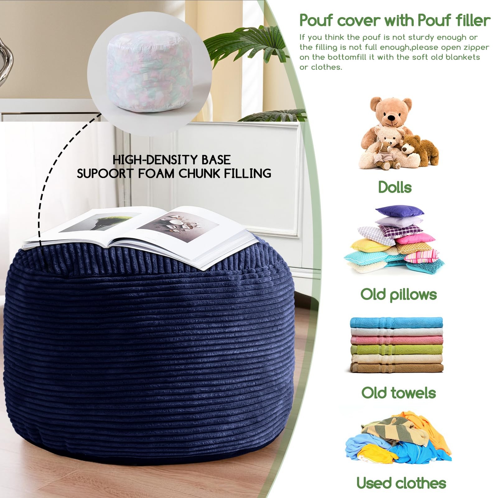 Round Stuffed Pouf Ottoman, Corduroy Poufs with Foam Chunk Filling, Furry and...