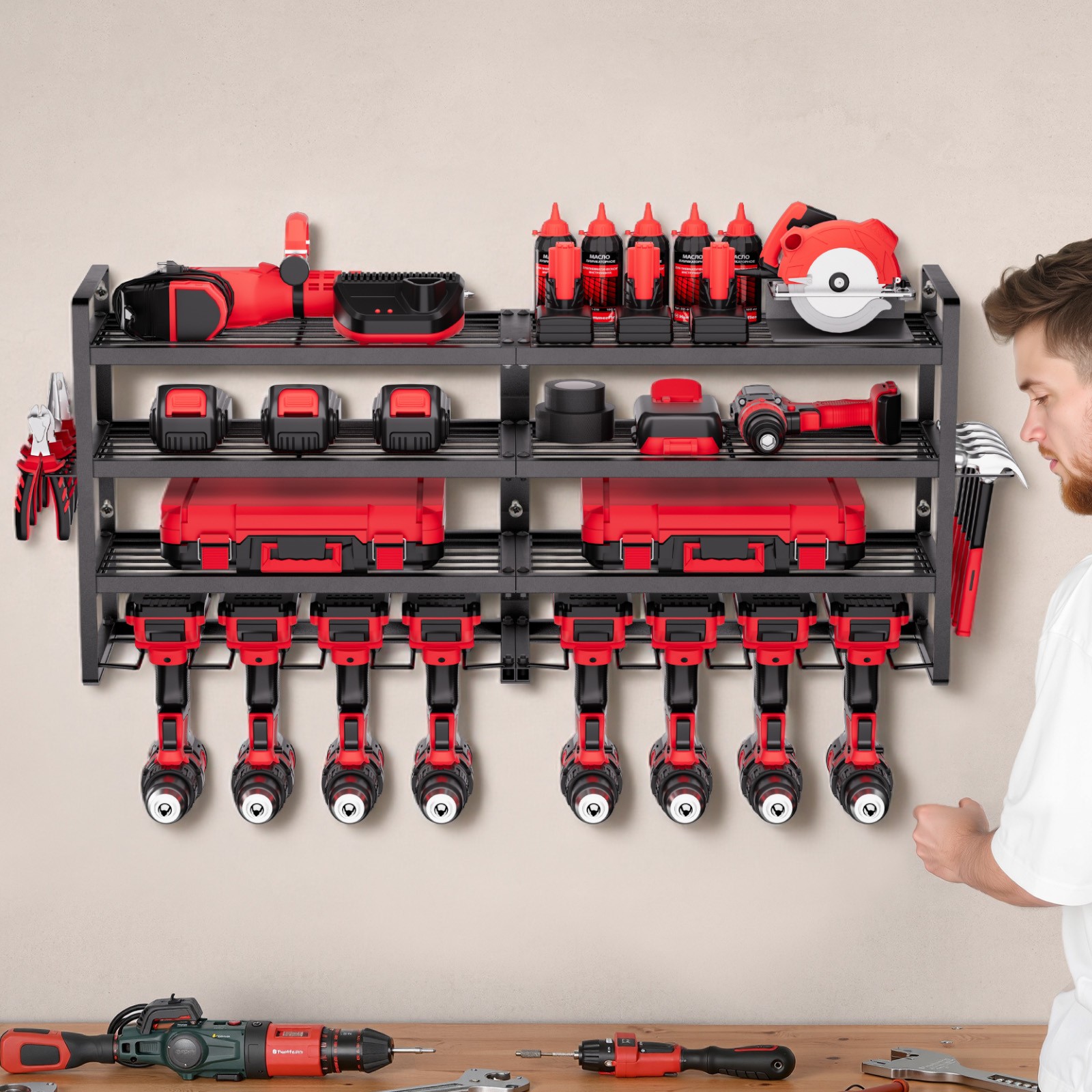 VEVOR Power Tool Organizer Wall Mount 4-Layer Tool Storage Rack 8 Drill Holders