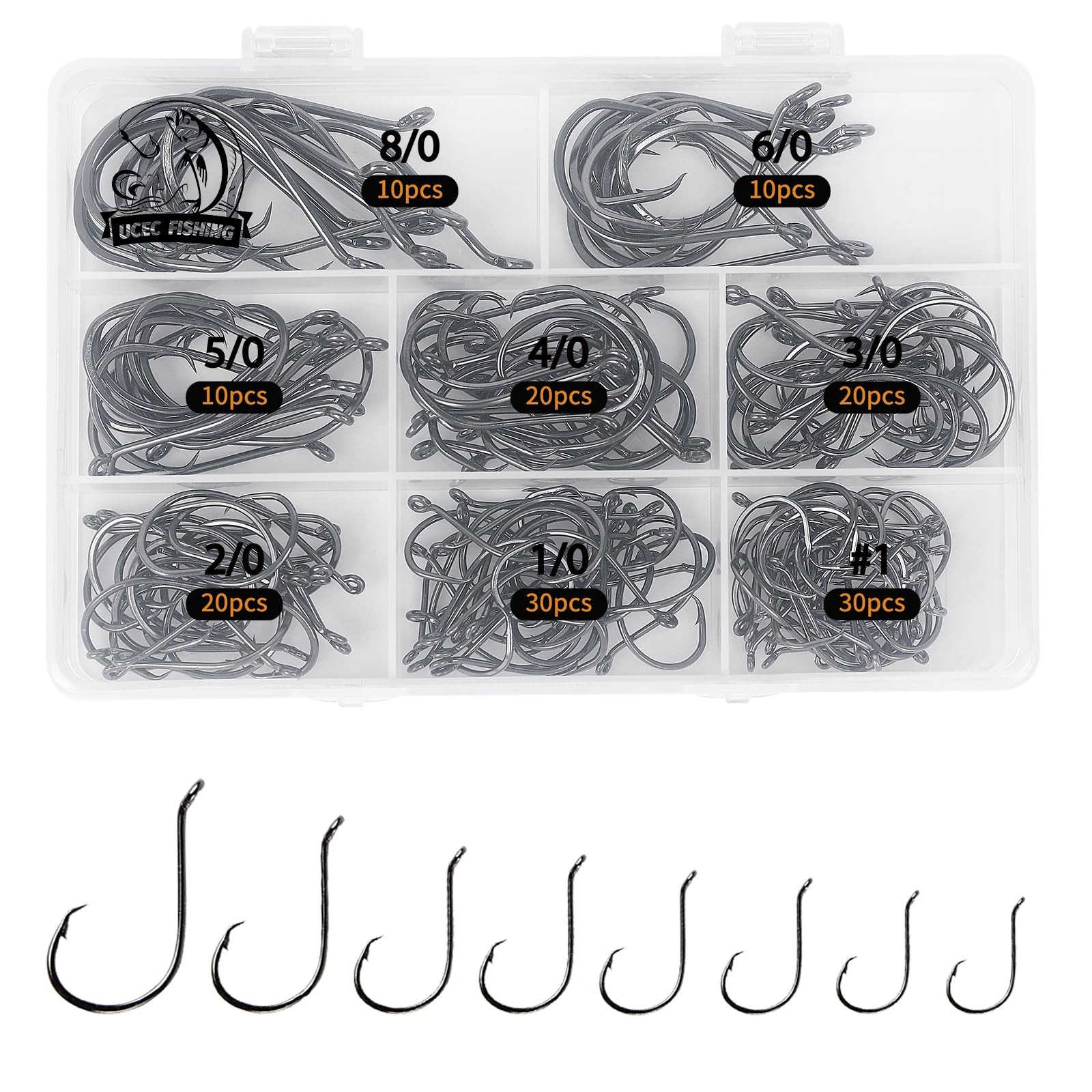 UCEC Circle Hooks 150pcs, #1 1/0 2/0 3/0 4/0 5/0 6/0 8/0, Silver Assortment