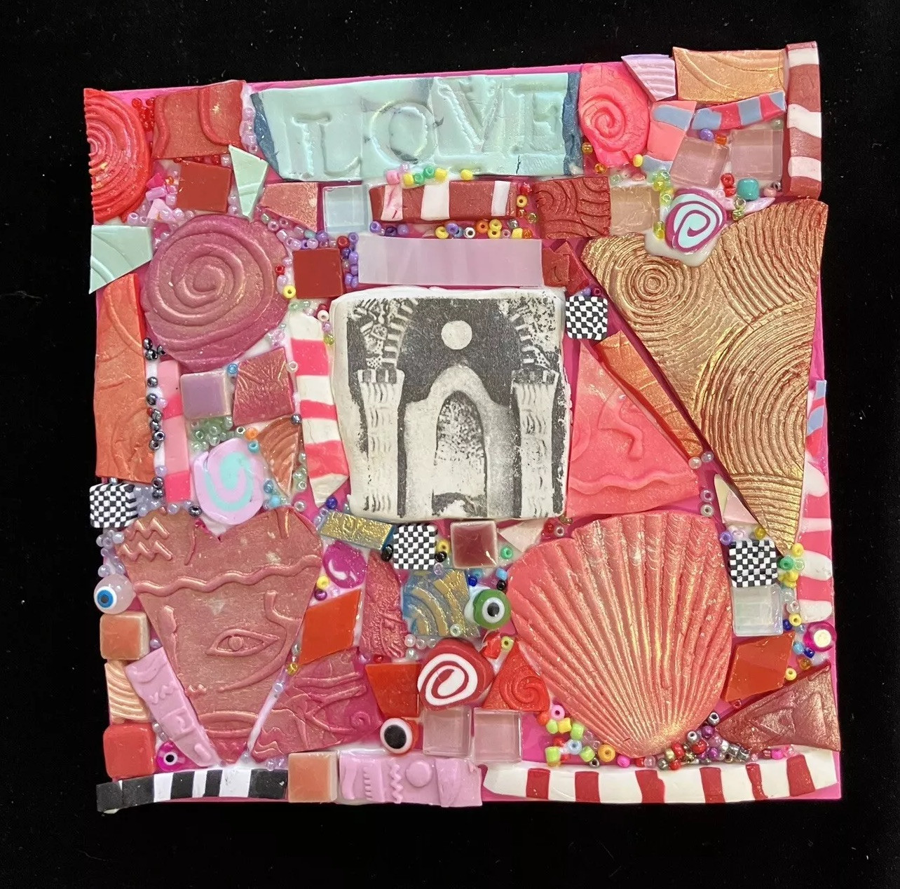 Handmade Mosaic Art “ Follow Your Bliss”Polymer Clay Original On Wood 6”x6”