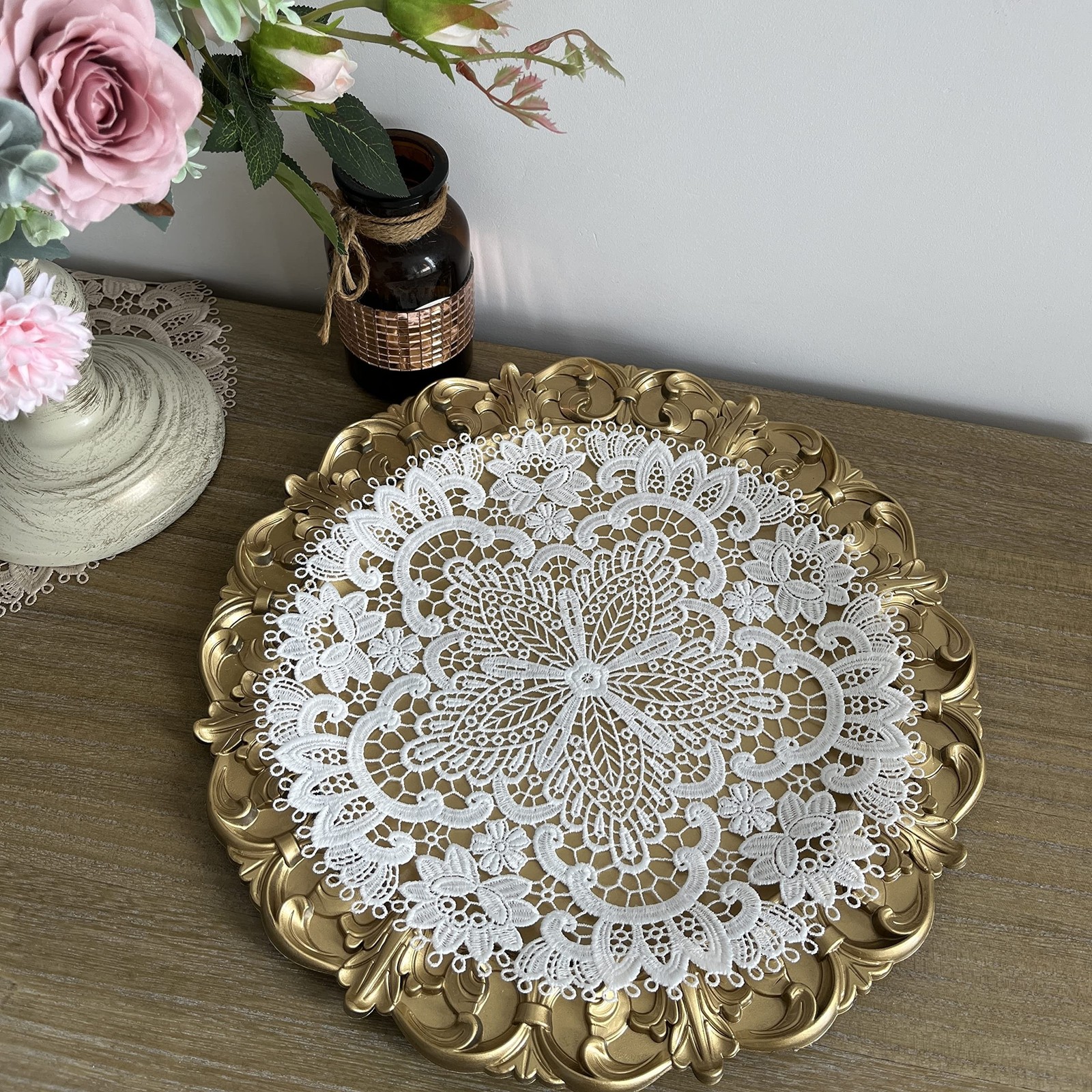 2Pack Round Lace Placemats for Dining Table,11inch Diameter Delicate Floret E...