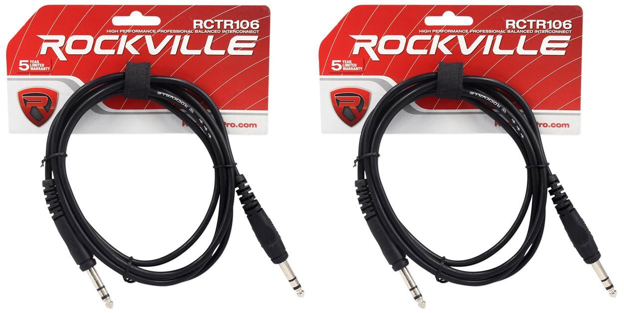 2 Rockville RCTR106B Black 6' 1/4'' TRS to 1/4'' TRS Cable 100% Copper