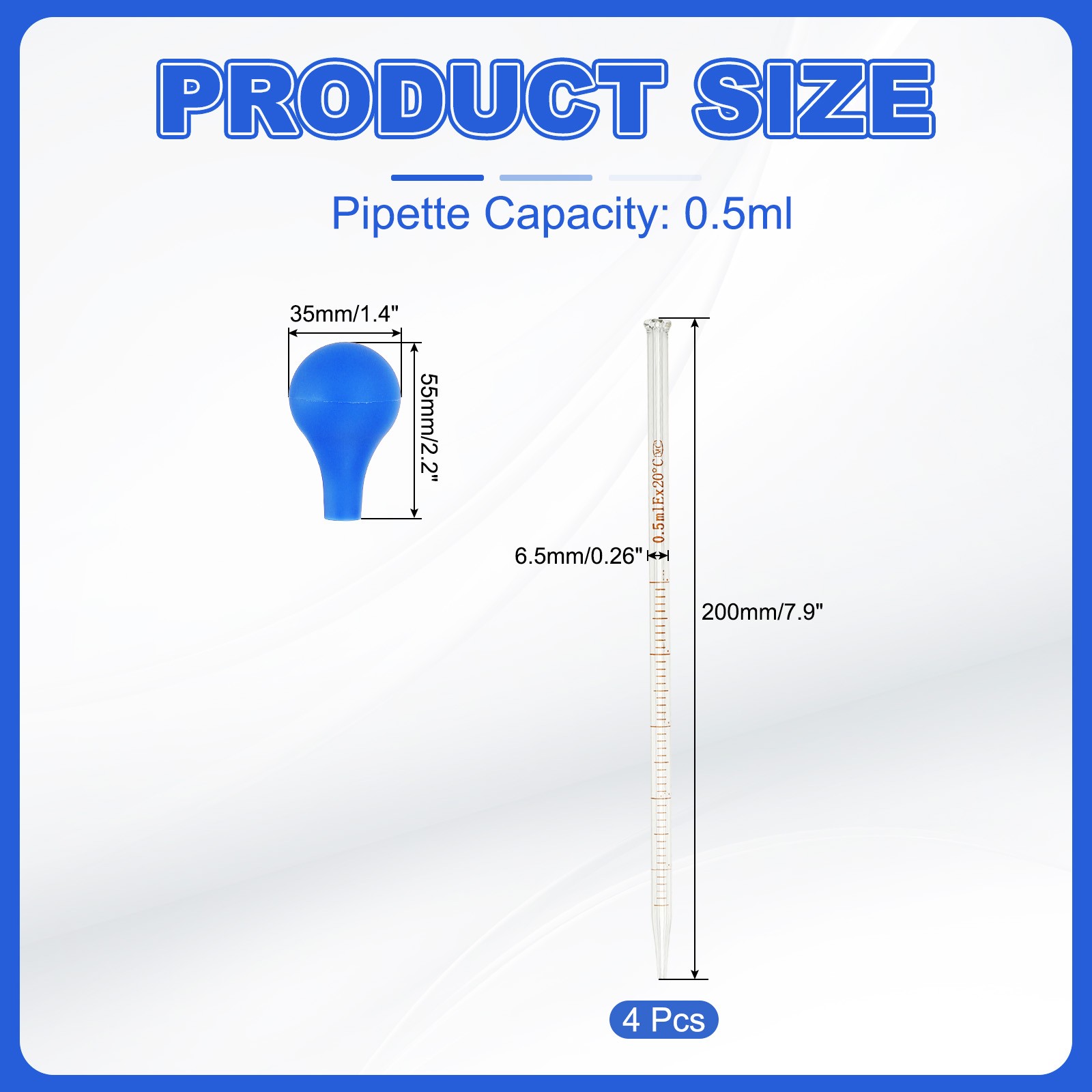 Graduated Dropper Pipettes Kit, 4pcs 0.5ml Pipette with Rubber Cap, Clear