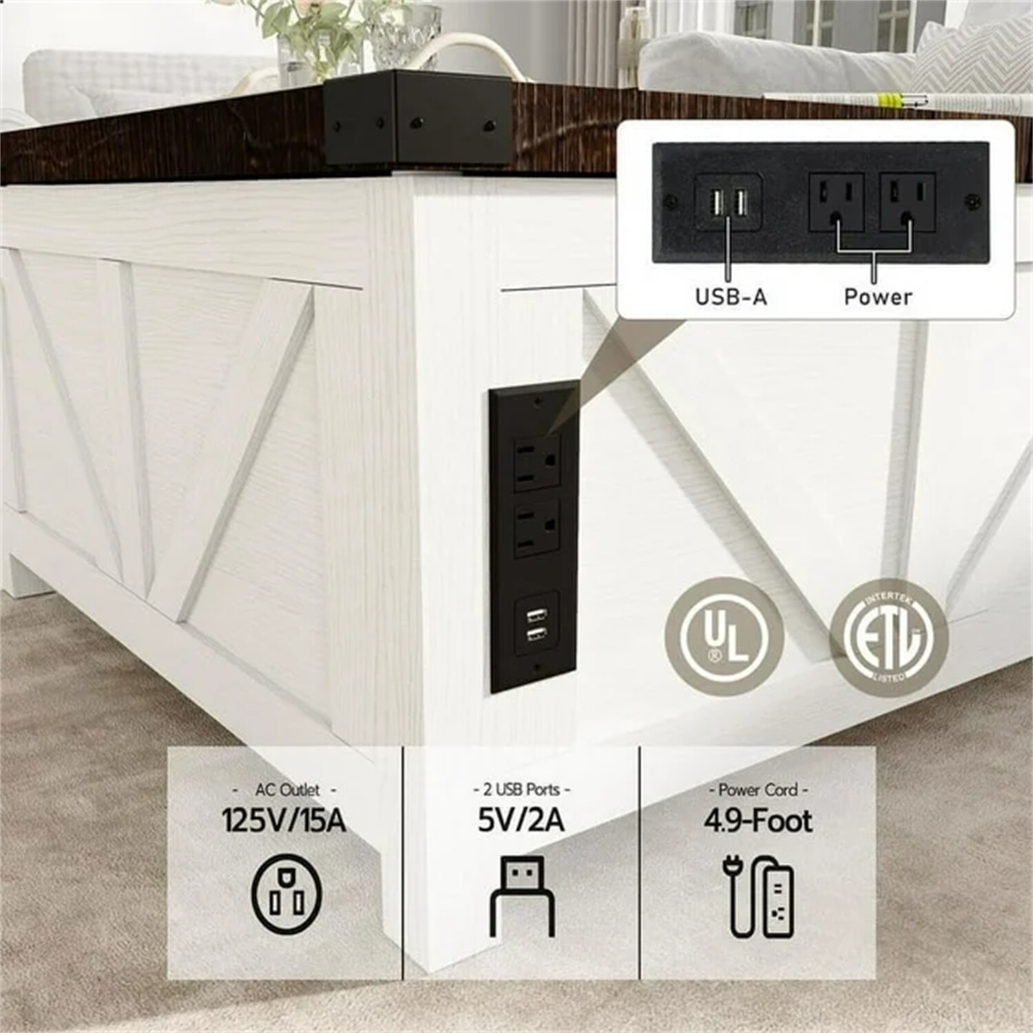 35.6" Farmhouse Lift Top Coffee Table, Square Center Table with Charging Statio